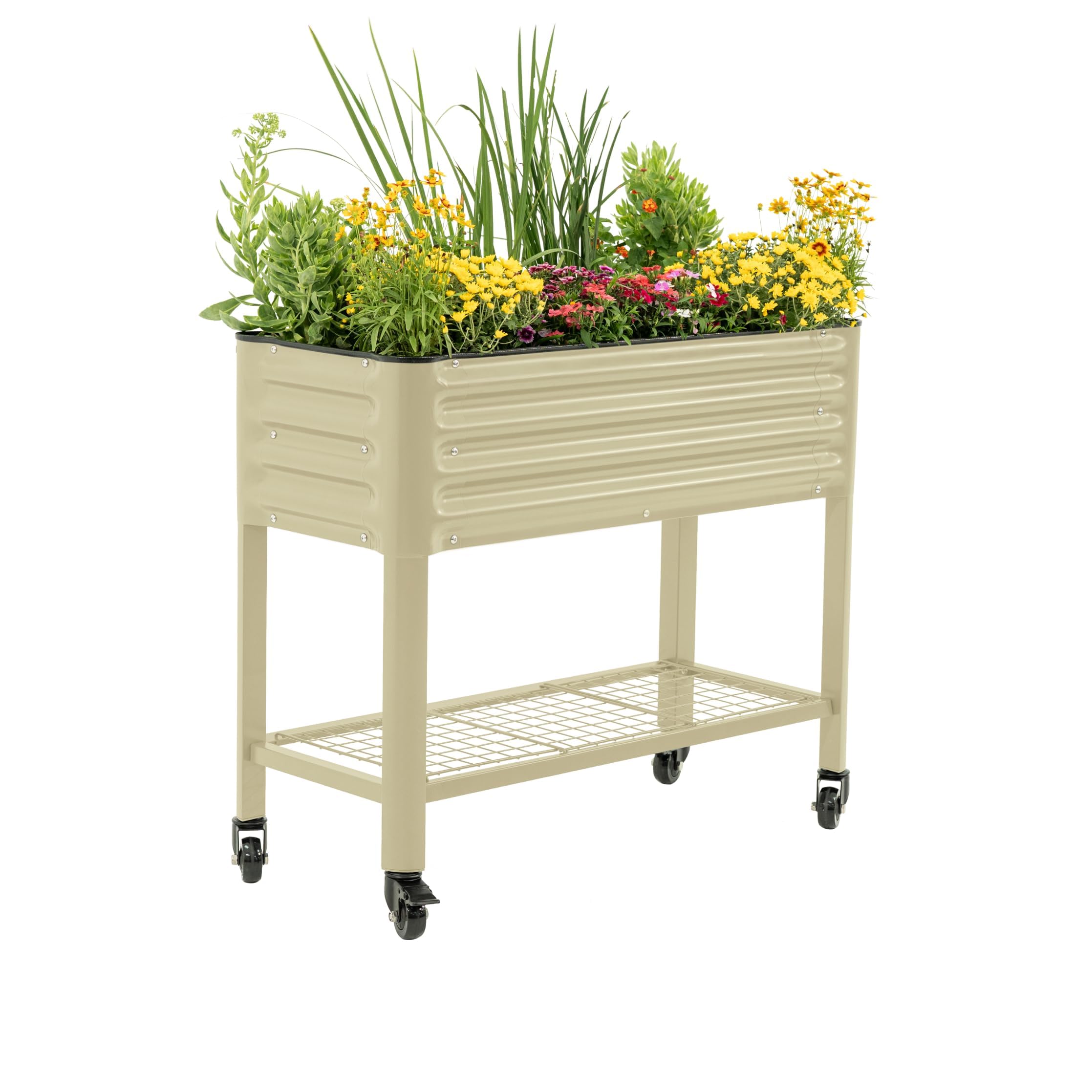 Rolling Elevated Raised Garden Bed, 2' x 4' Outdoor Planters Boxes with Legs & Storage Rack for Patio, 700 Lbs Weight Capacity, Raised Beds for Gardening Herbs Flowers, Pearl White