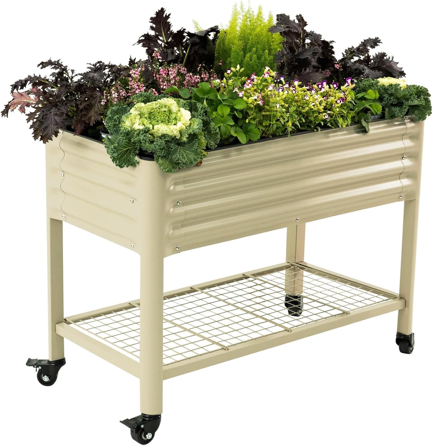 Rolling Elevated Raised Garden Bed, 2' x 4' Outdoor Planters Boxes with Legs & Storage Rack for Patio, 700 Lbs Weight Capacity, Raised Beds for Gardening Herbs Flowers, Pearl White