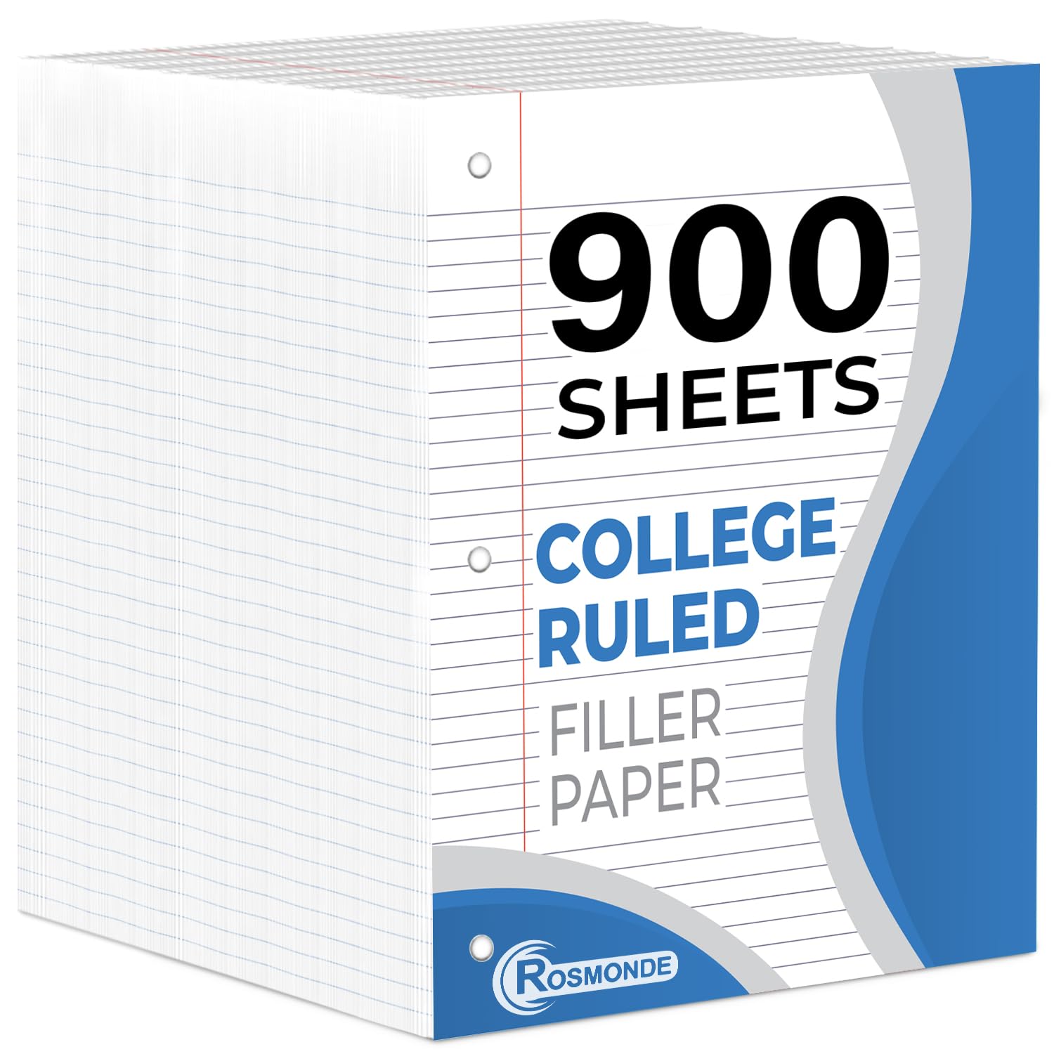 Rosmonde Loose Leaf Paper, 450 Sheets, 3 Pack, College Ruled Paper, 8" x 10.5", Bulk Office Filler Paper, 3 Hole Punched, 150 Sheets/Pack, 56 gsm Paper, College Ruled Notebook Paper for Binder, White | Bulk Office Filler Paper, 8" x 10.5", 3 Hole Punched,