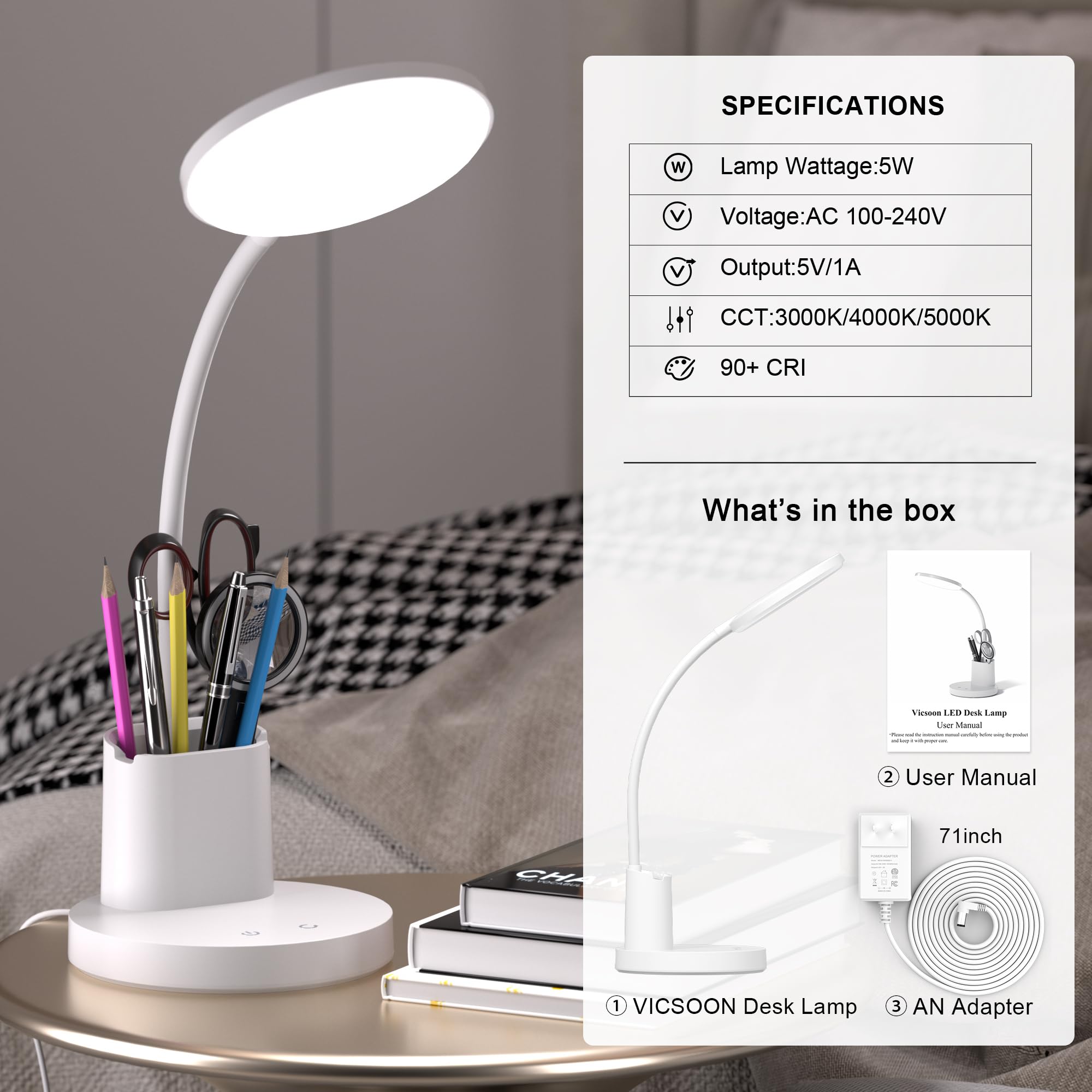 LED Desk Lamp with Wireless Charger for Home Office, Black | 3 Color Modes Dimmable Eye-Caring Study Desk Light for College Dorm Room, 360° Flexible Arm, Built-in Pen Holder, 800 Lumen