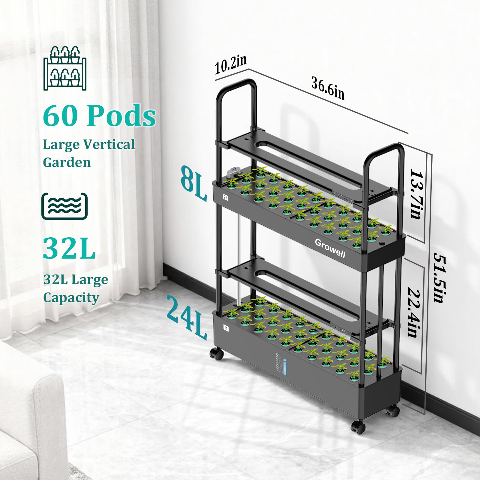 Growell Large Hydroponics Growing System Kit, 90 Pods Vertical Hydroponic Garden with 2 Light Modes Grow Light, Auto Circulating Water System, 40L Indoor Gardening System for Herb Vegetable Fruit