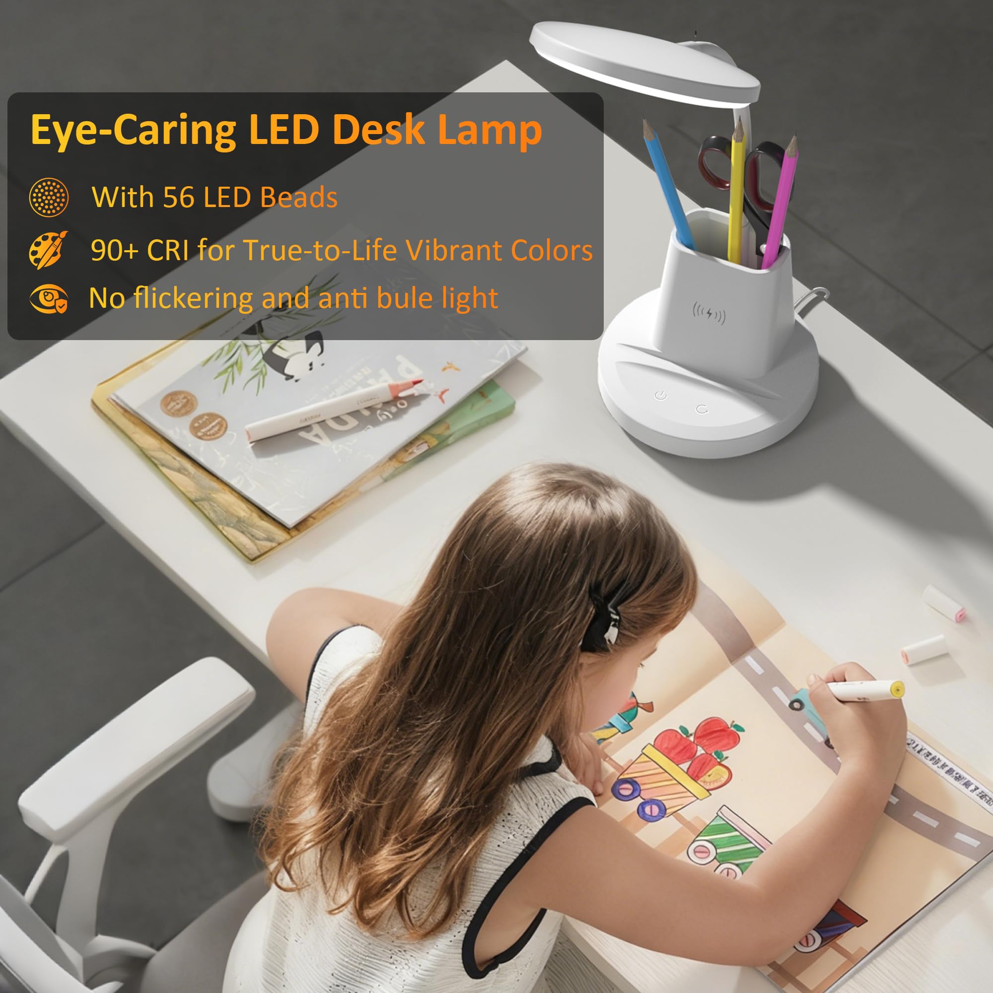 LED Desk Lamp with Wireless Charger for Home Office, Black | 3 Color Modes Dimmable Eye-Caring Study Desk Light for College Dorm Room, 360° Flexible Arm, Built-in Pen Holder, 800 Lumen