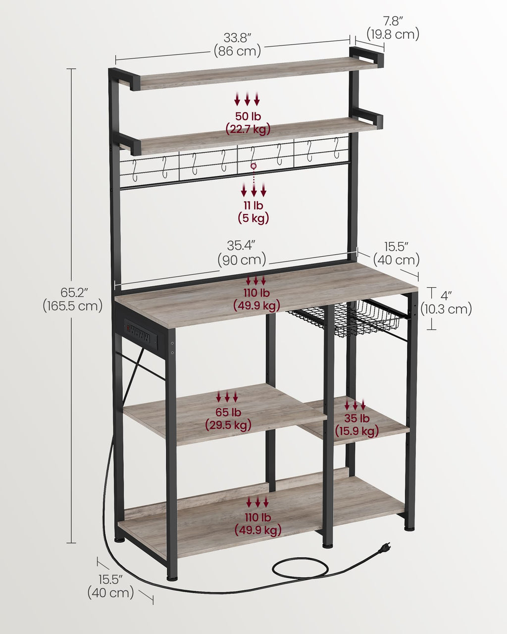 VASAGLE Kitchen Bakers Rack with Power Outlet, Coffee Bar with 35.4-Inch High Worktop, Microwave Stand with 8 Hooks, 15.7 x 31.5 x 66.9 Inches, Golden Oak and Cloud White UKKS059Y01