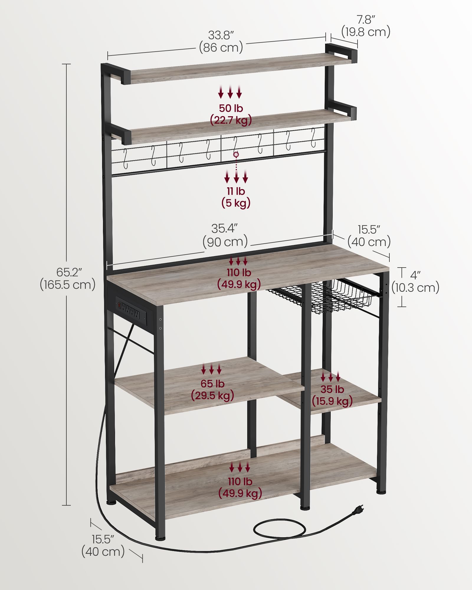 VASAGLE Kitchen Bakers Rack with Power Outlet, Coffee Bar with 35.4-Inch High Worktop, Microwave Stand with 8 Hooks, 15.7 x 31.5 x 66.9 Inches, Golden Oak and Cloud White UKKS059Y01
