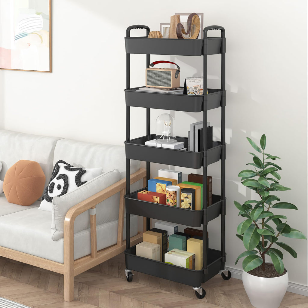 Sywhitta 3-Tier Plastic Rolling Utility Cart with Handle, Multi-Functional Storage Trolley for Office, Living Room, Kitchen, Movable Storage Organizer with Wheels, Black
