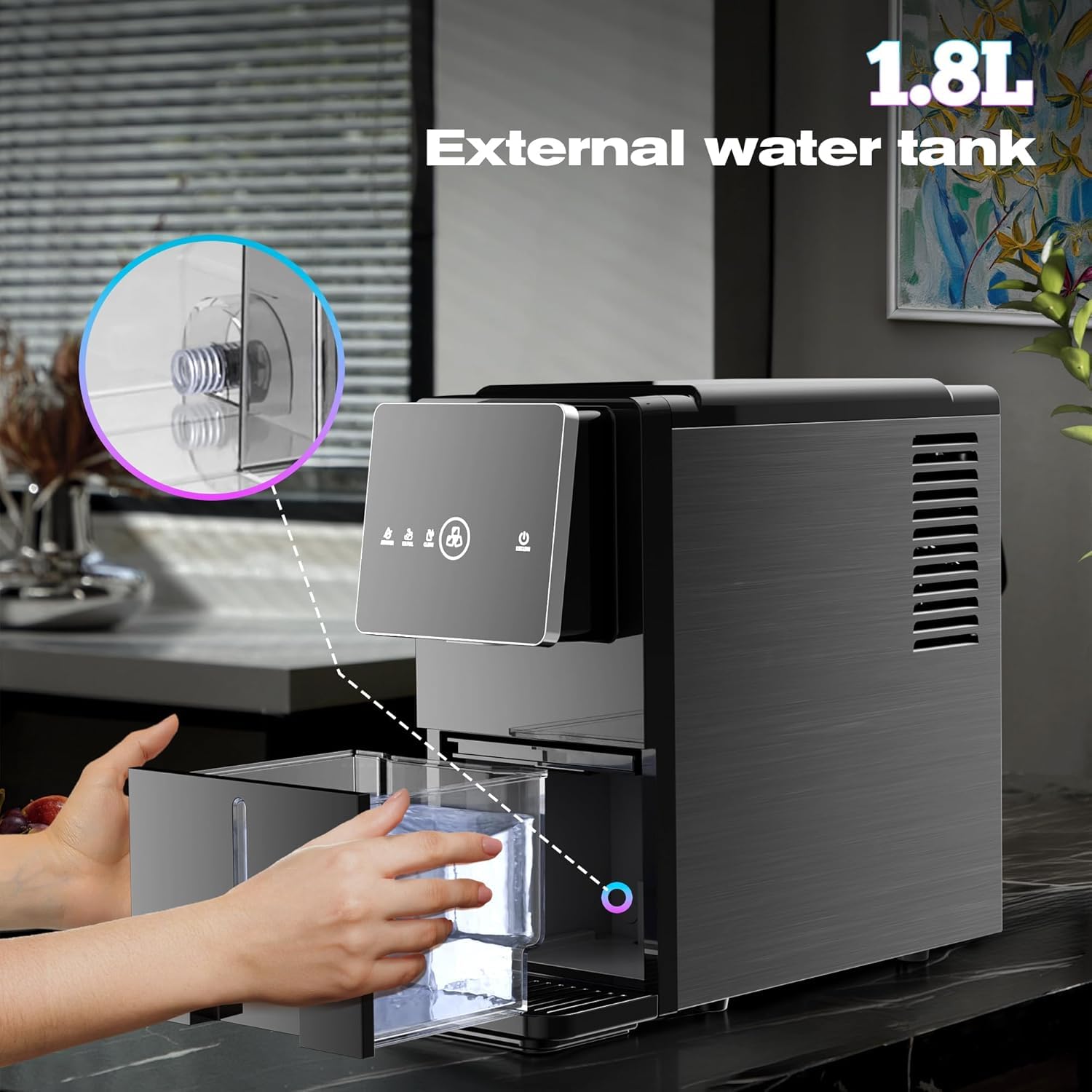 Kismile Nugget Ice Maker Countertop, 33LBS/24H Ice Machine with Soft Chewable Ice, One-Click, Self-Cleaning Function, Stainless Steel Ice Maker with Indicator Lights for Home/Kitchen(Black)