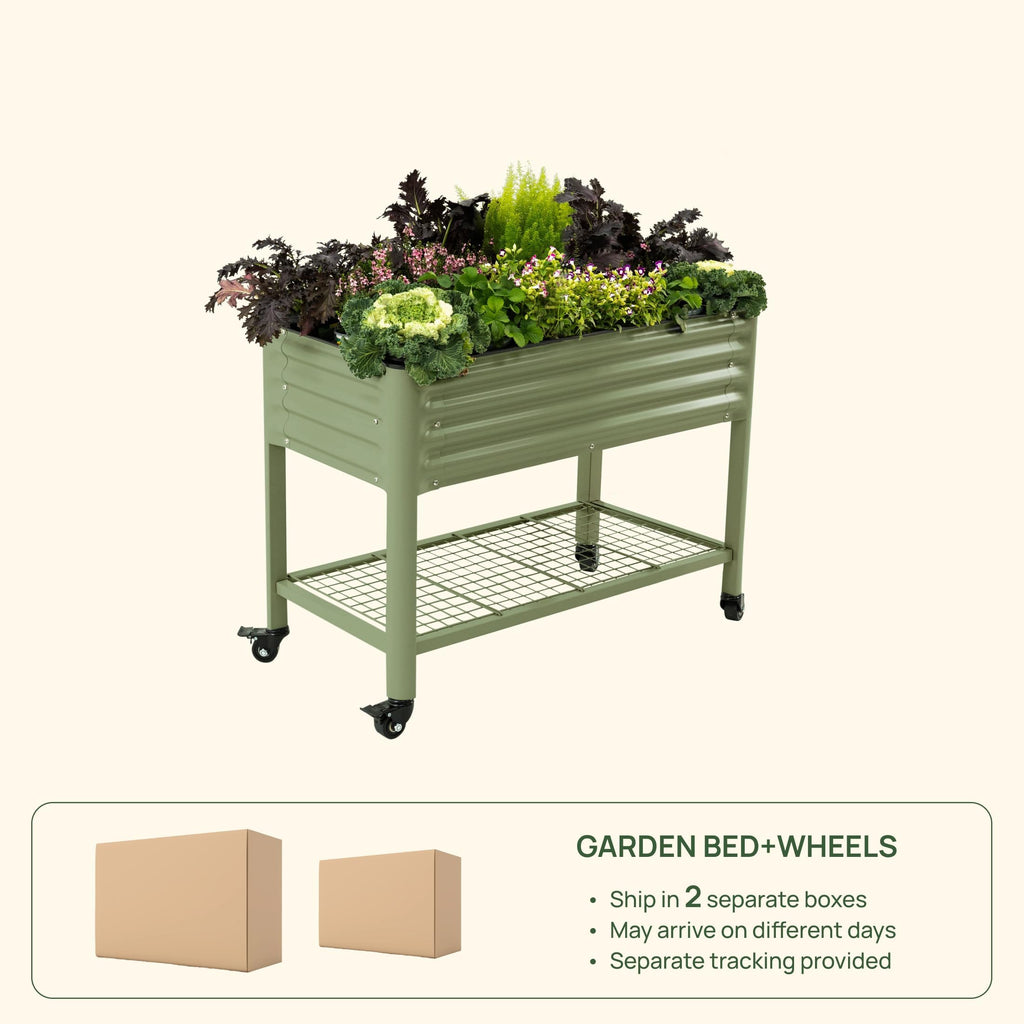 Rolling Elevated Raised Garden Bed, 2' x 4' Outdoor Planters Boxes with Legs & Storage Rack for Patio, 700 Lbs Weight Capacity, Raised Beds for Gardening Herbs Flowers, Pearl White