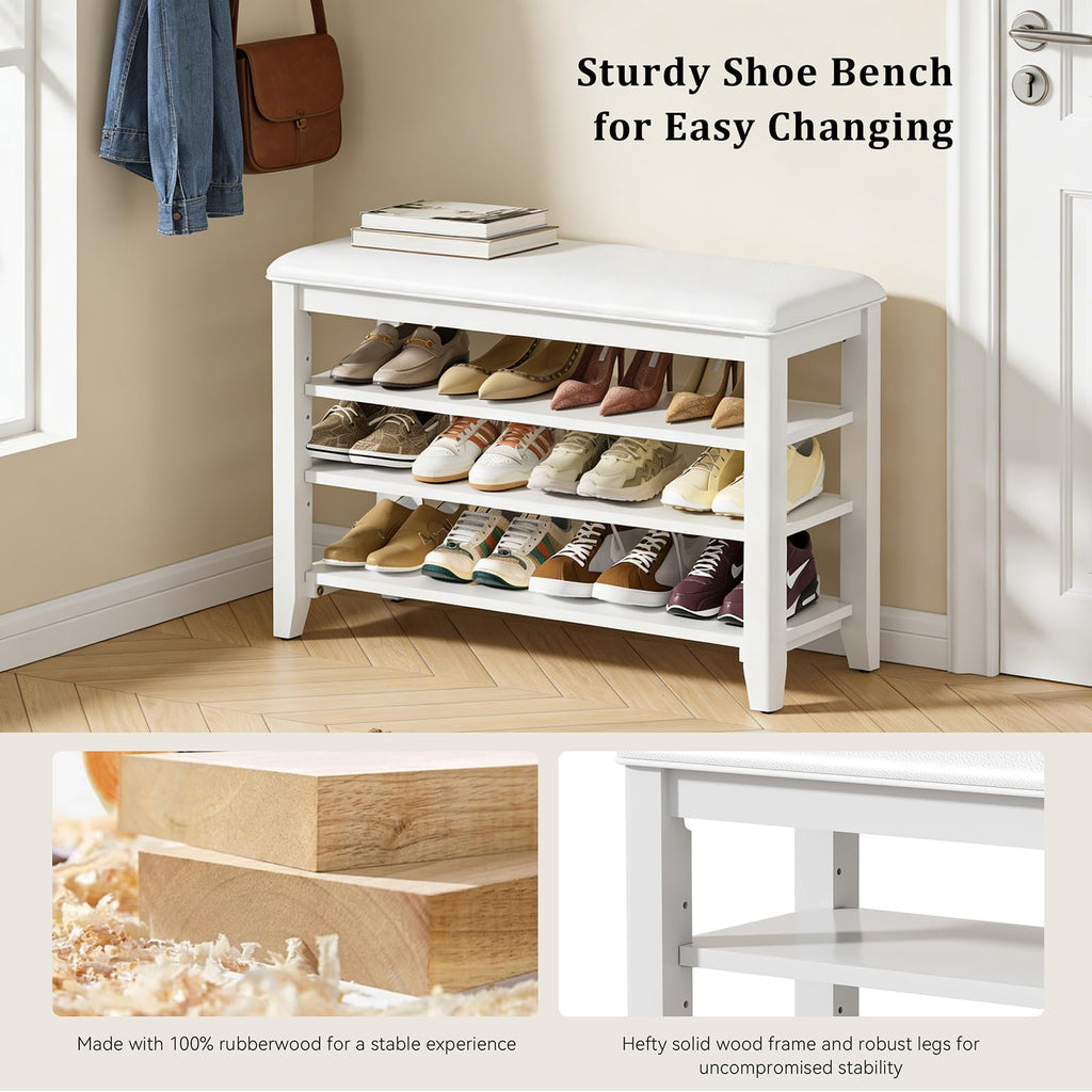 Taitiy Shoe Bench Storage Rubberwood with Leather Cushion for Entryway Bench Ideal for Hallways Shoe Rack Front Doors Entrances Mudrooms Featuring 3 Height-Adjustable and Removable Shelves