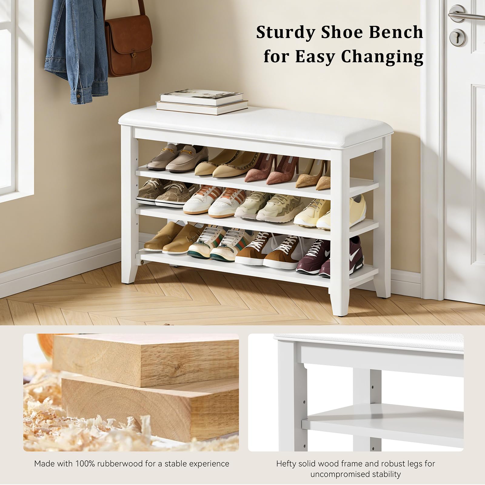 Taitiy Shoe Bench Storage Rubberwood with Leather Cushion for Entryway Bench Ideal for Hallways Shoe Rack Front Doors Entrances Mudrooms Featuring 3 Height-Adjustable and Removable Shelves