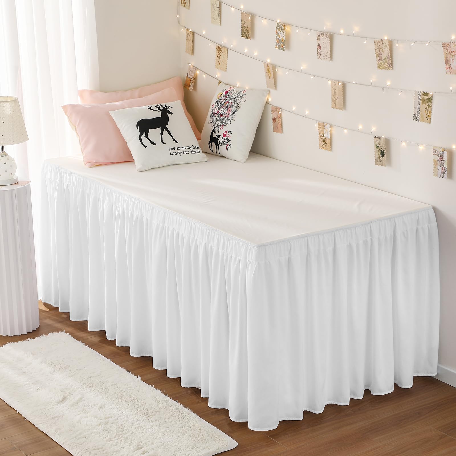 RIMELA Dorm Bed Skirt Twin XL 32 Inch Drop, Easy to Install Extra Long Wrap Around Elastic Dust Ruffle, White Bedskirt Solid Silky Fabric Machine Washable, Bedroom Decor