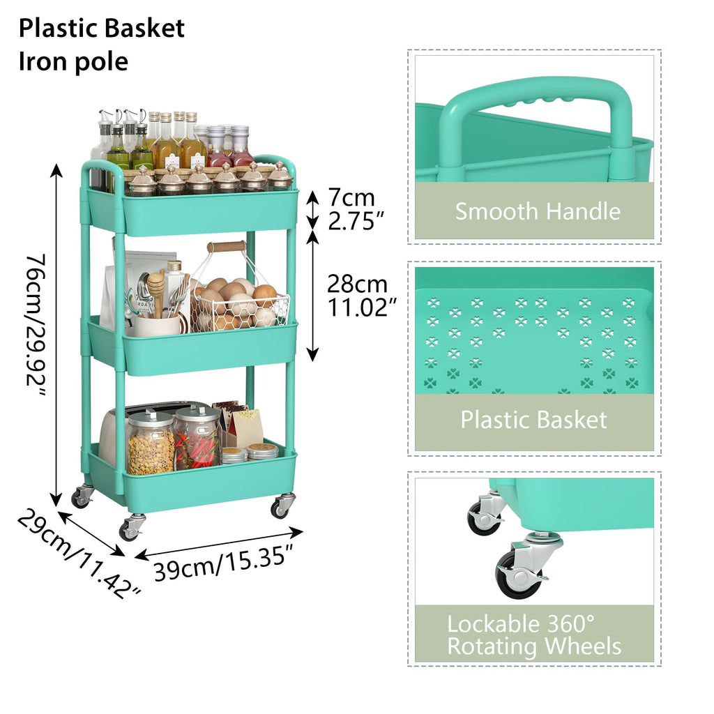 Sywhitta 3-Tier Plastic Rolling Utility Cart with Handle, Multi-Functional Storage Trolley for Office, Living Room, Kitchen, Movable Storage Organizer with Wheels, Black