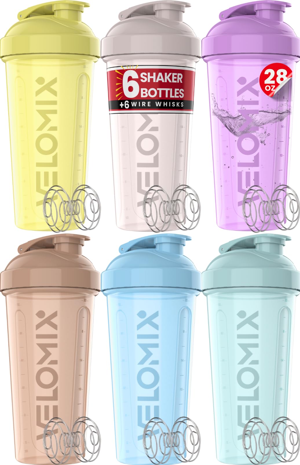 VELOMIX 6 Pack 28 oz Protein Shaker Bottle for Mixes - 6 Wire Whisk Balls | Leak Proof Cups for Supplements | BPA-Free Gym & Fitness (Earth Tones Collection)