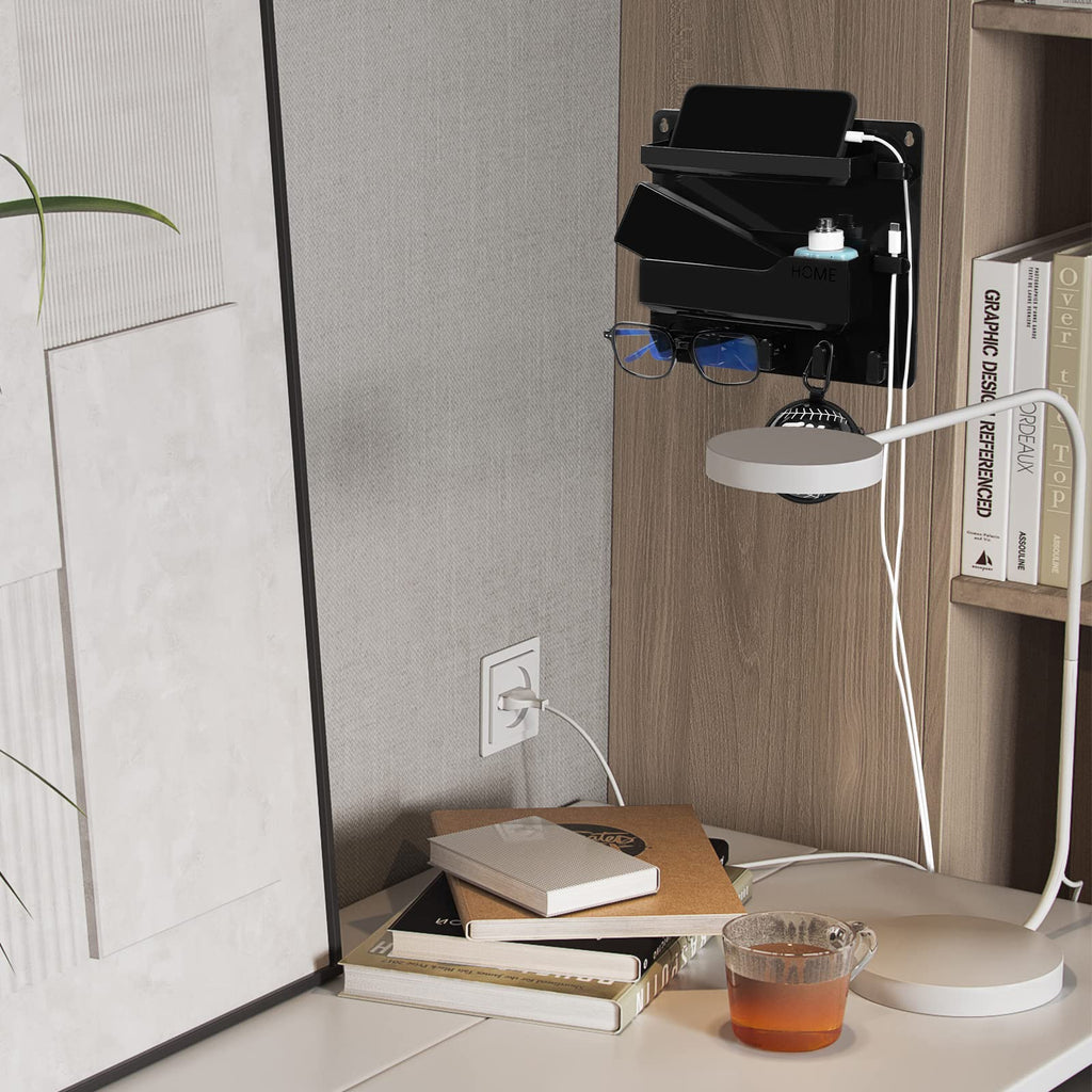 Bedside Shelf Wall Mount, Adhesive Bedside Shelf Accessories Organizer with Hooks and Cable Clips,Dorm Bedside Wall Storage for Phone, Remote, Earphone, Kindle,Plastic(White)