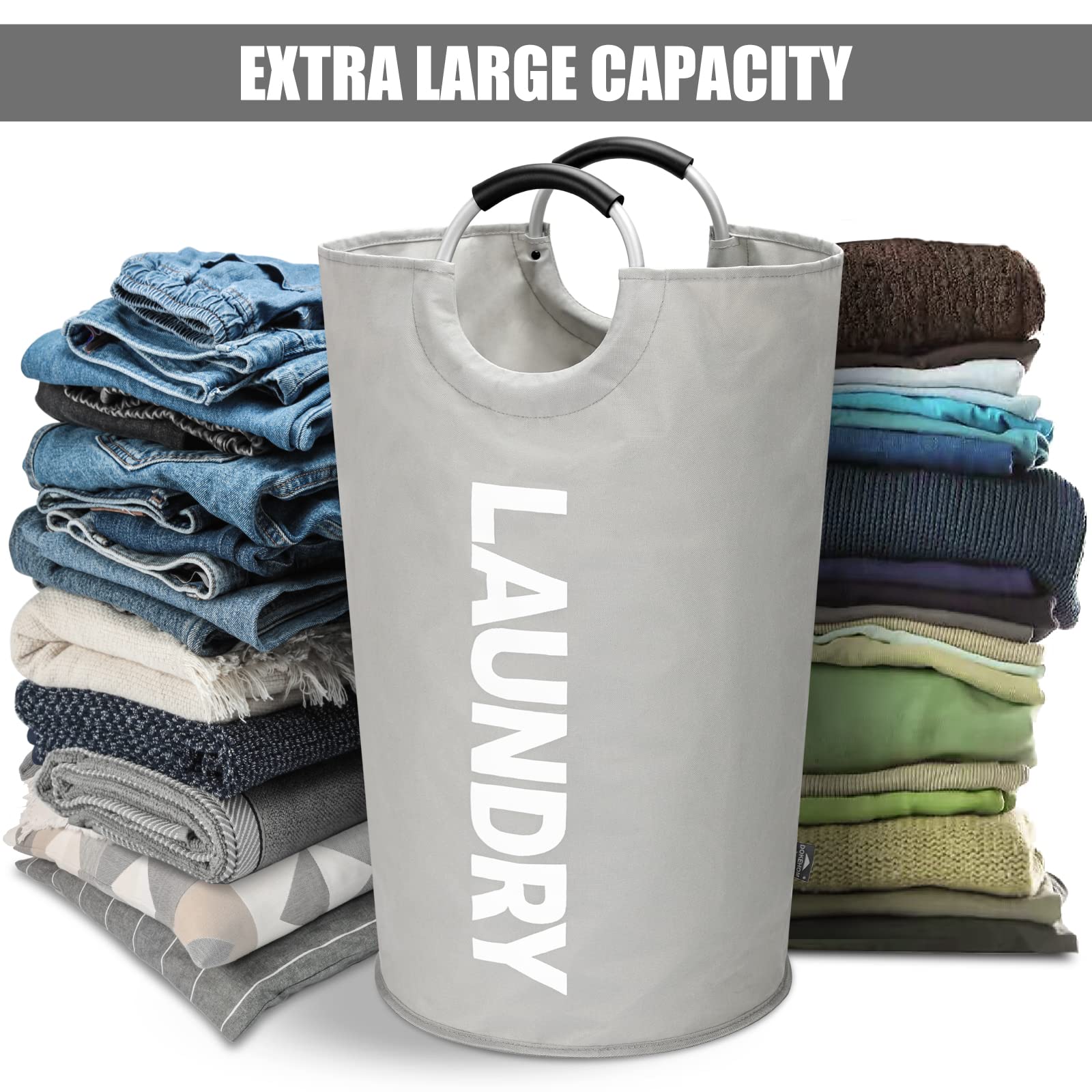 DOKEHOM 90L Large Laundry Basket, Collapsible Laundry Bag, Black | Freestanding tall clothes hamper & foldable washing bin. High-capacity clothes storage basket with durable sturdy handles