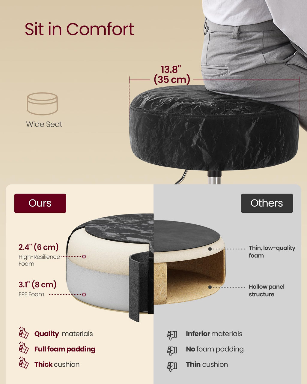 VASAGLE Adjustable Bar Stool, 360° Swivel, PU Leather, Thick Cushion, for Kitchen, Dining Room Bedroom, Modern, Cream White | LJB120W01 Dressing Chair Stool Stool Bedroom Kitchen Dining Room Modern White