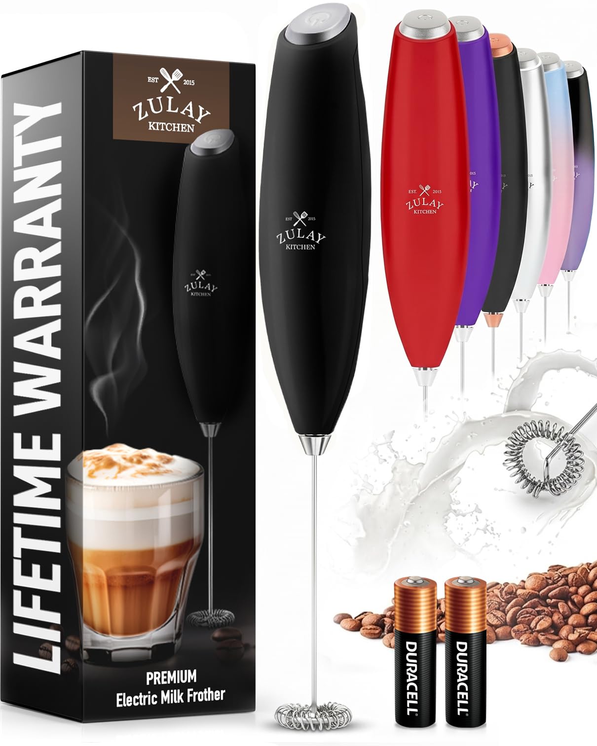 Zulay Kitchen Powerful Milk Frother Wand With Duracell Batteries - Ultra Fast Handheld Drink Mixer - Electric Whisk Foam Maker for Coffee, Lattes, Cappuccino & Matcha - Z1 Motor - Black