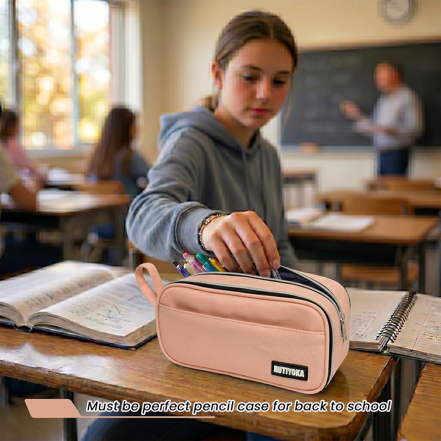 Large Pencil Case Pouch, Extra Big Pencil Bag with 4 Compartments for Kids, Oxford Cloth Pen Bag with Zipper, Pencil Organizer, Cute Aesthetic School Supplies for Teen Girls Boys Adults Pink
