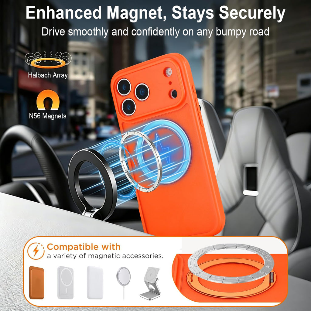 for iPhone 17 Pro Max Case Compatible with MagSafe Full-Body Magnetic Phone Case with Built-in Tempered Glass Screen Protector& Stand for iPhone17 Pro Max Cover, Orange