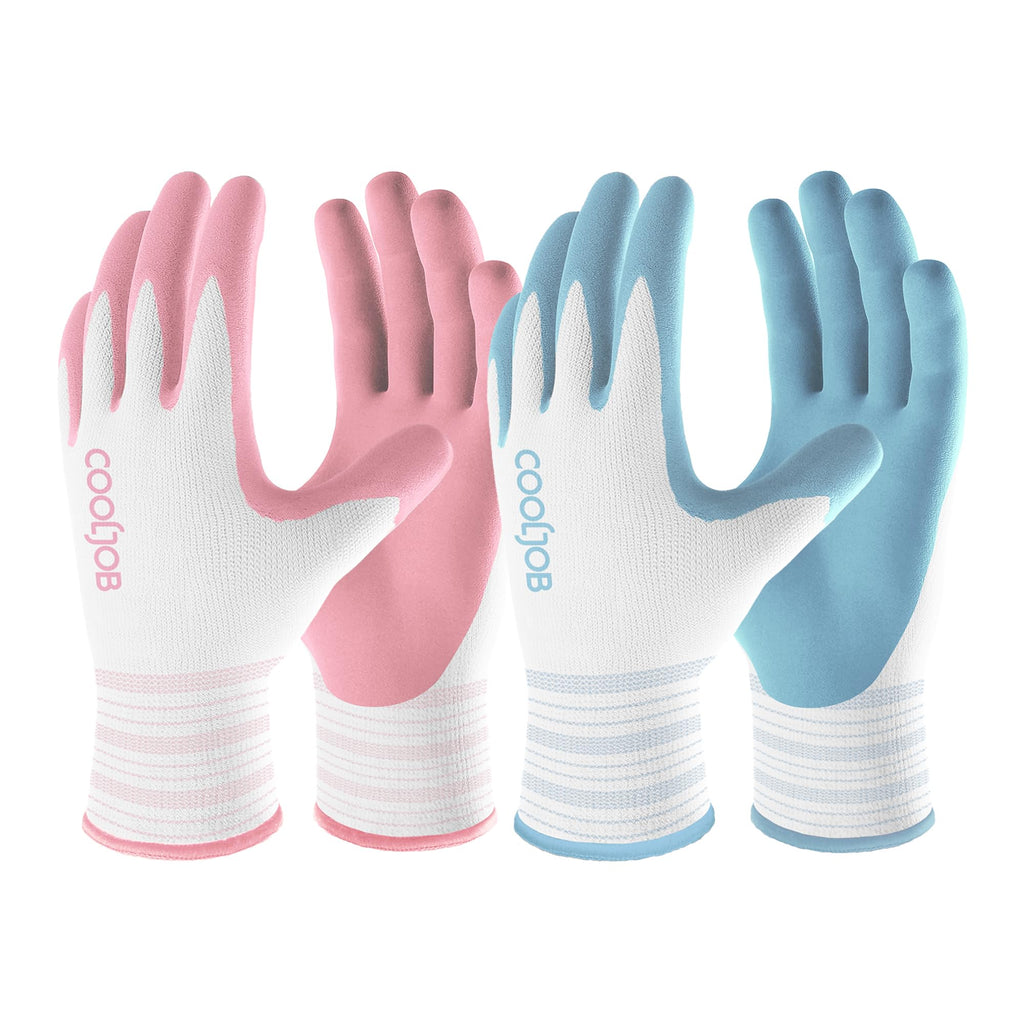 COOLJOB 2 Pairs Gardening Gloves for Women Ladies, Breathable Rubber Coated for Yard Garden, Outdoor Indoor Protective Work with Grip, Medium Size, Red & Green | Red & Blue, Textured Latex Palm, Breathable Polyester Liner, Flexible Fit, Machine Washable,