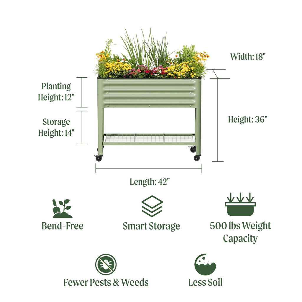 Rolling Elevated Raised Garden Bed, 2' x 4' Outdoor Planters Boxes with Legs & Storage Rack for Patio, 700 Lbs Weight Capacity, Raised Beds for Gardening Herbs Flowers, Pearl White