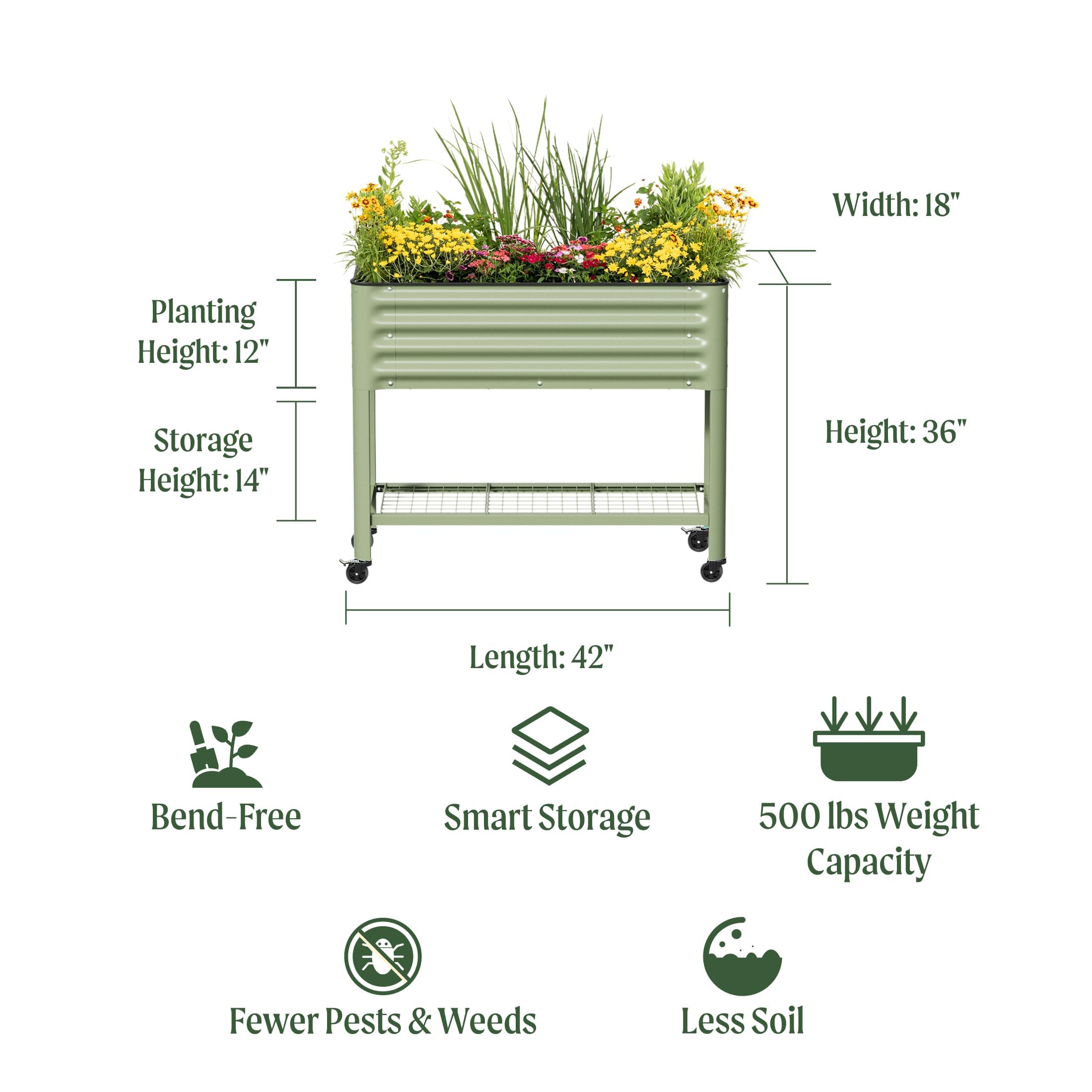 Rolling Elevated Raised Garden Bed, 2' x 4' Outdoor Planters Boxes with Legs & Storage Rack for Patio, 700 Lbs Weight Capacity, Raised Beds for Gardening Herbs Flowers, Pearl White