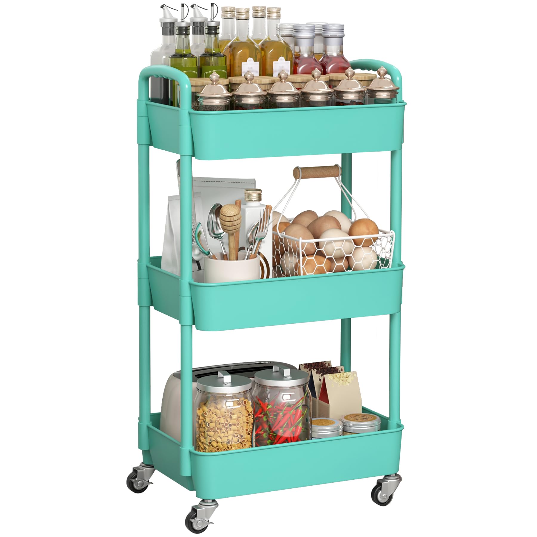 Sywhitta 3-Tier Plastic Rolling Utility Cart with Handle, Multi-Functional Storage Trolley for Office, Living Room, Kitchen, Movable Storage Organizer with Wheels, Black