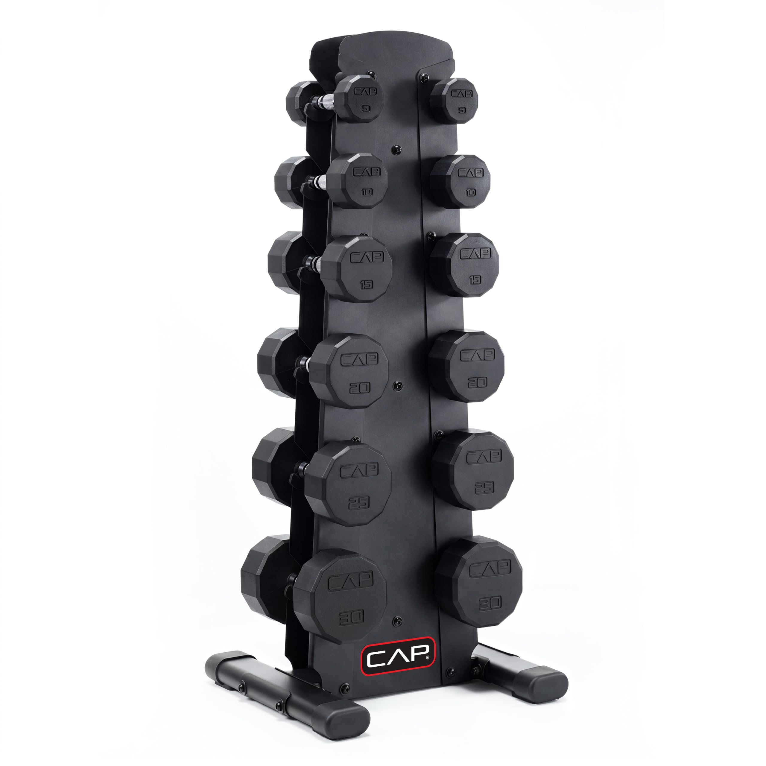 CAP Rubber Coated Hex Dumbbell Set with Storage Rack | 100–210 lb Options, Space-Saving Vertical Compact Storage for Home Gym Strength Training