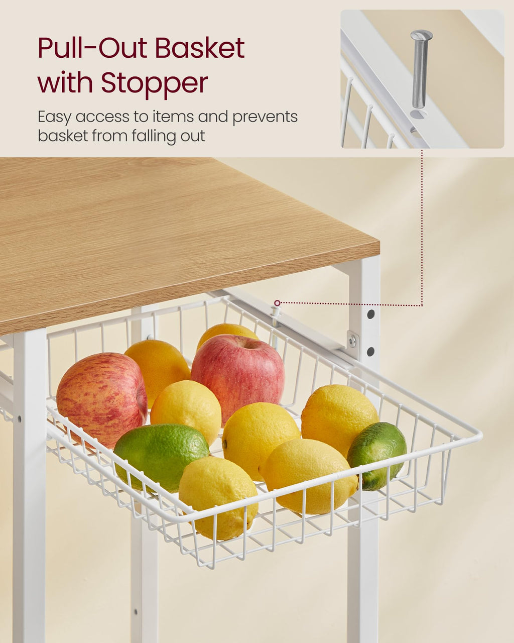 VASAGLE Kitchen Bakers Rack with Power Outlet, Coffee Bar with 35.4-Inch High Worktop, Microwave Stand with 8 Hooks, 15.7 x 31.5 x 66.9 Inches, Golden Oak and Cloud White UKKS059Y01