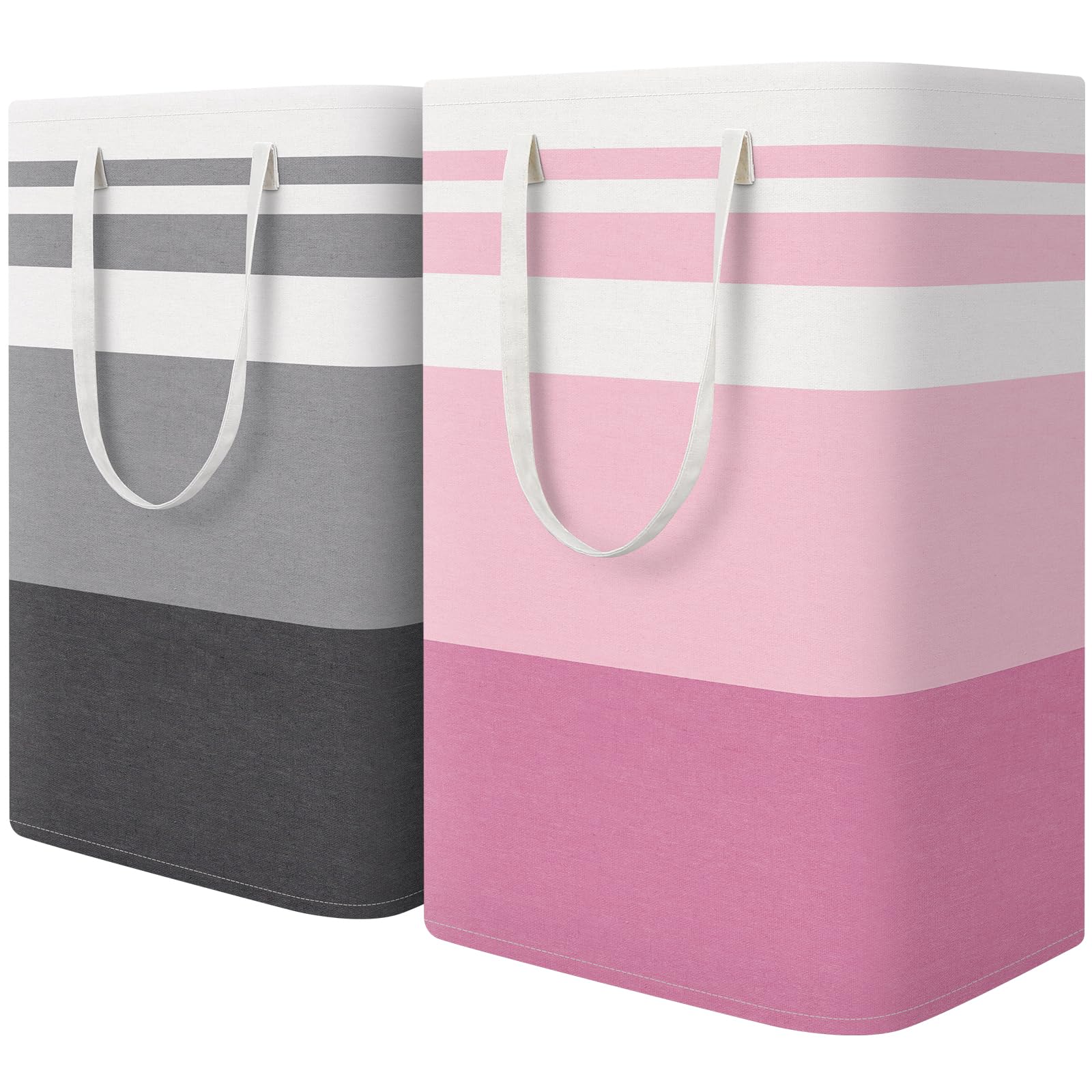 HomeHacks 2 Pack Large Laundry Baskets, Waterproof, Freestanding Laundry Hampers, Collapsible Clothes Hamper with Reinforced Handles in Laundry Room, College Dorm, Bathroom, Bedroom (Grey, 75Lx2)