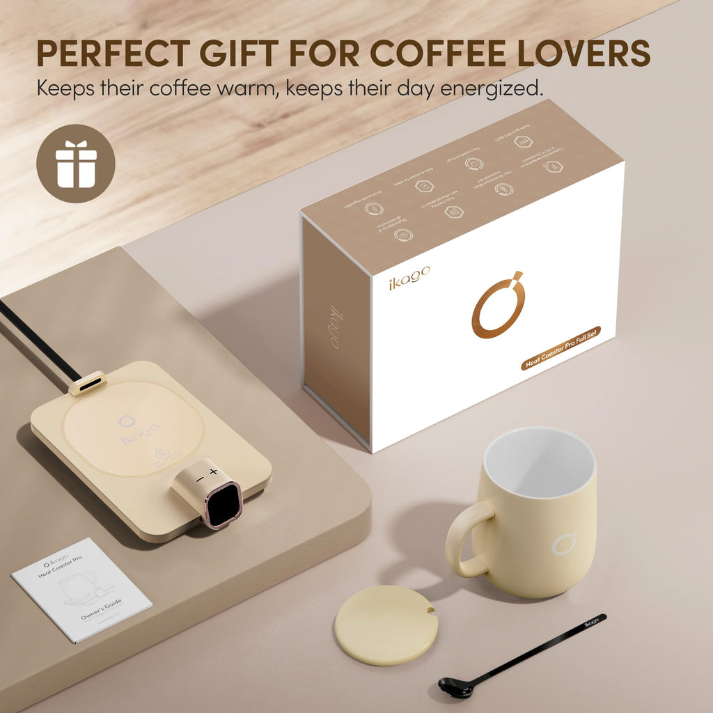Coffee Cup Warmer & iKago Mug Set, 1℉ Precise Temp Control Mug Warmer | Auto Shut Off, Infrared Sensor, Dual Temp Display, ℉/℃ Optional, 15oz Mug with Spoon & Lid Included, Gifts for Men Women
