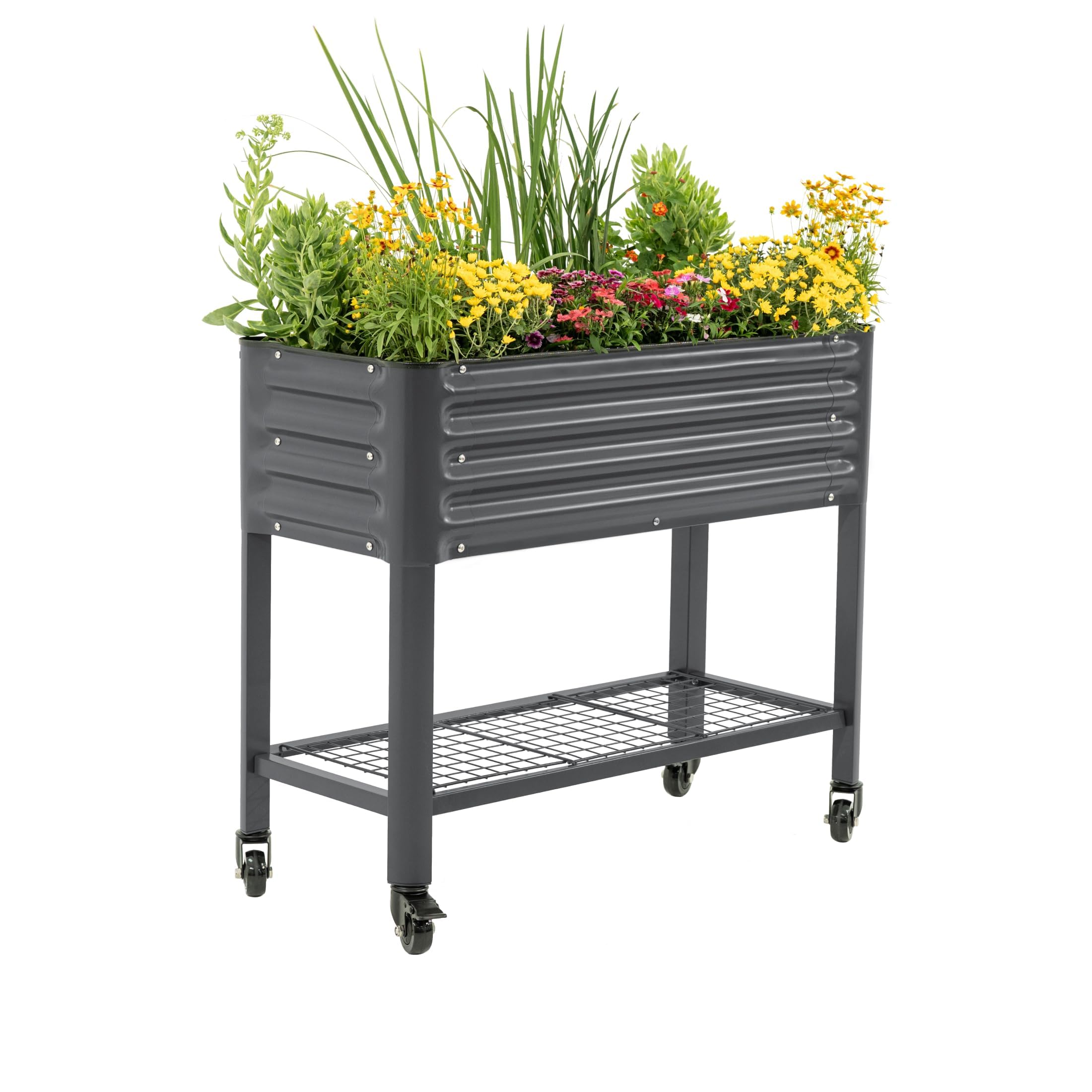 Rolling Elevated Raised Garden Bed, 2' x 4' Outdoor Planters Boxes with Legs & Storage Rack for Patio, 700 Lbs Weight Capacity, Raised Beds for Gardening Herbs Flowers, Pearl White