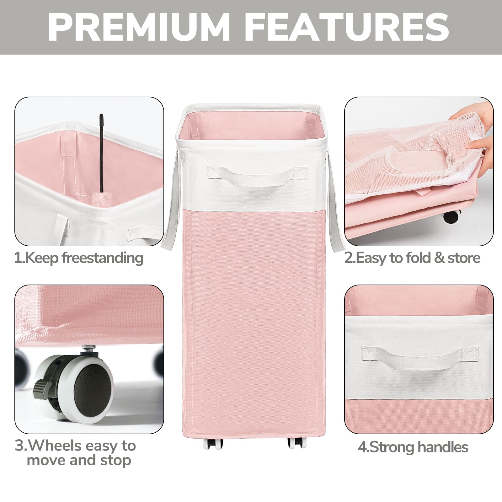 Goodpick Pink Laundry Basket with Wheels, Dorm Room Essentials for Girls, 75L Collapsible Laundry Basket, Laundry Hamper with Handle for College Dorm