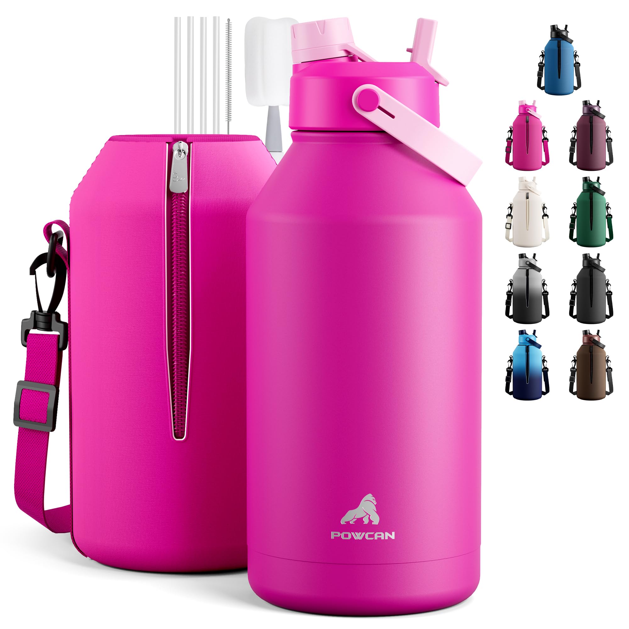 POWCAN 64 oz Insulated Water Bottle for Sports: 2-in-1 Straw & Spout Lid, Leakproof, Carrier Bag, Shoulder Strap, Keep Cold 48H, BPA-Free, Half Gallon Metal Water Jug for Gym, Travel, Gift (Midnight)