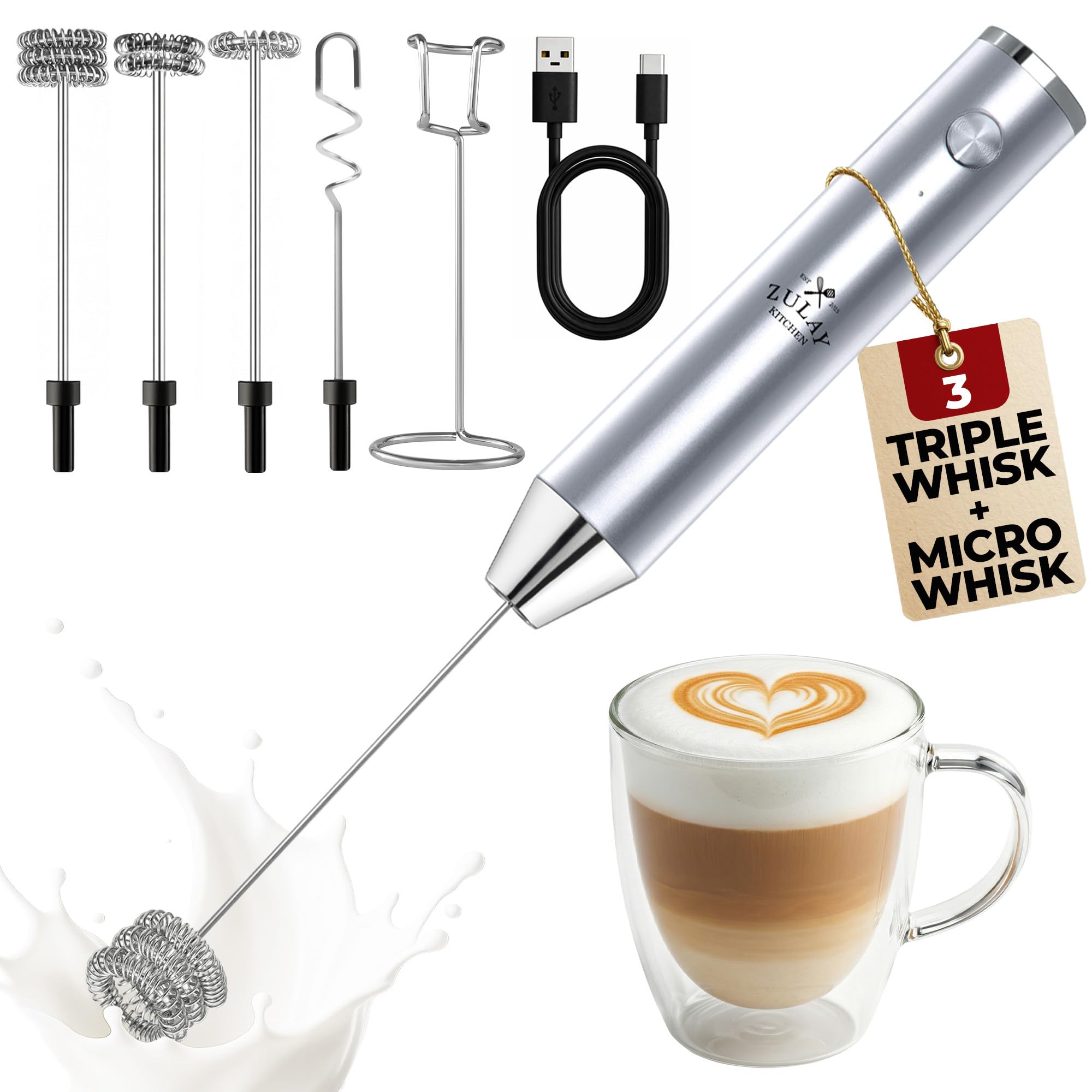 Zulay Kitchen Powerful Milk Frother Wand With Duracell Batteries - Ultra Fast Handheld Drink Mixer - Electric Whisk Foam Maker for Coffee, Lattes, Cappuccino & Matcha - Z1 Motor - Black
