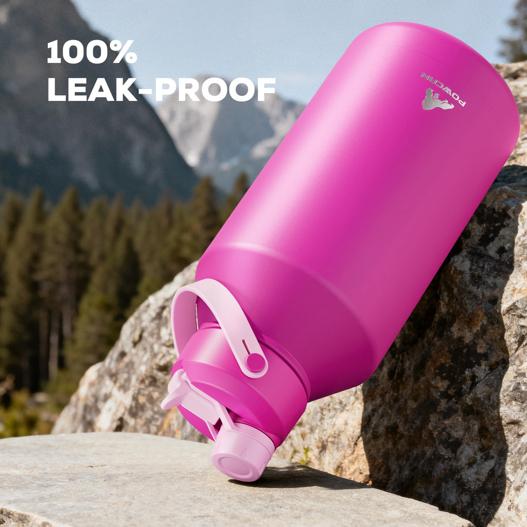 POWCAN 64 oz Insulated Water Bottle for Sports: 2-in-1 Straw & Spout Lid, Leakproof, Carrier Bag, Shoulder Strap, Keep Cold 48H, BPA-Free, Half Gallon Metal Water Jug for Gym, Travel, Gift (Midnight)