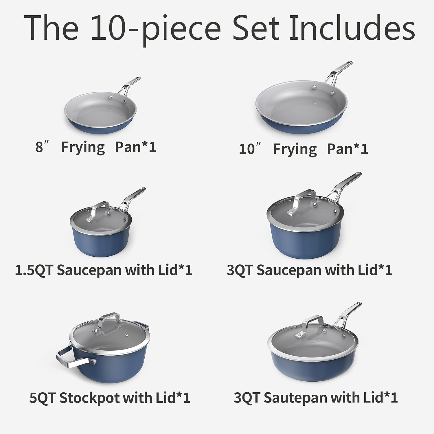 Ceramic Cookware Set, Pots & Pans Set, 10PC for RV and Apartment | Include saucepan, saute pan, stockpot, frying pans, oven safe to 480°F, dishwasher safe, non-toxic PFAS free, induction bases
