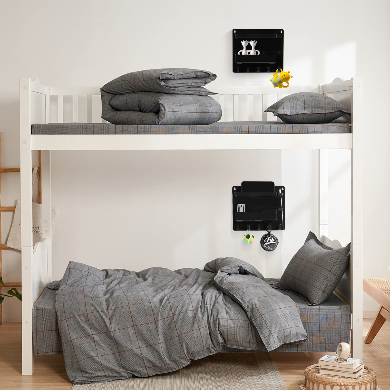 Bedside Shelf Wall Mount, Adhesive Bedside Shelf Accessories Organizer with Hooks and Cable Clips,Dorm Bedside Wall Storage for Phone, Remote, Earphone, Kindle,Plastic(White)
