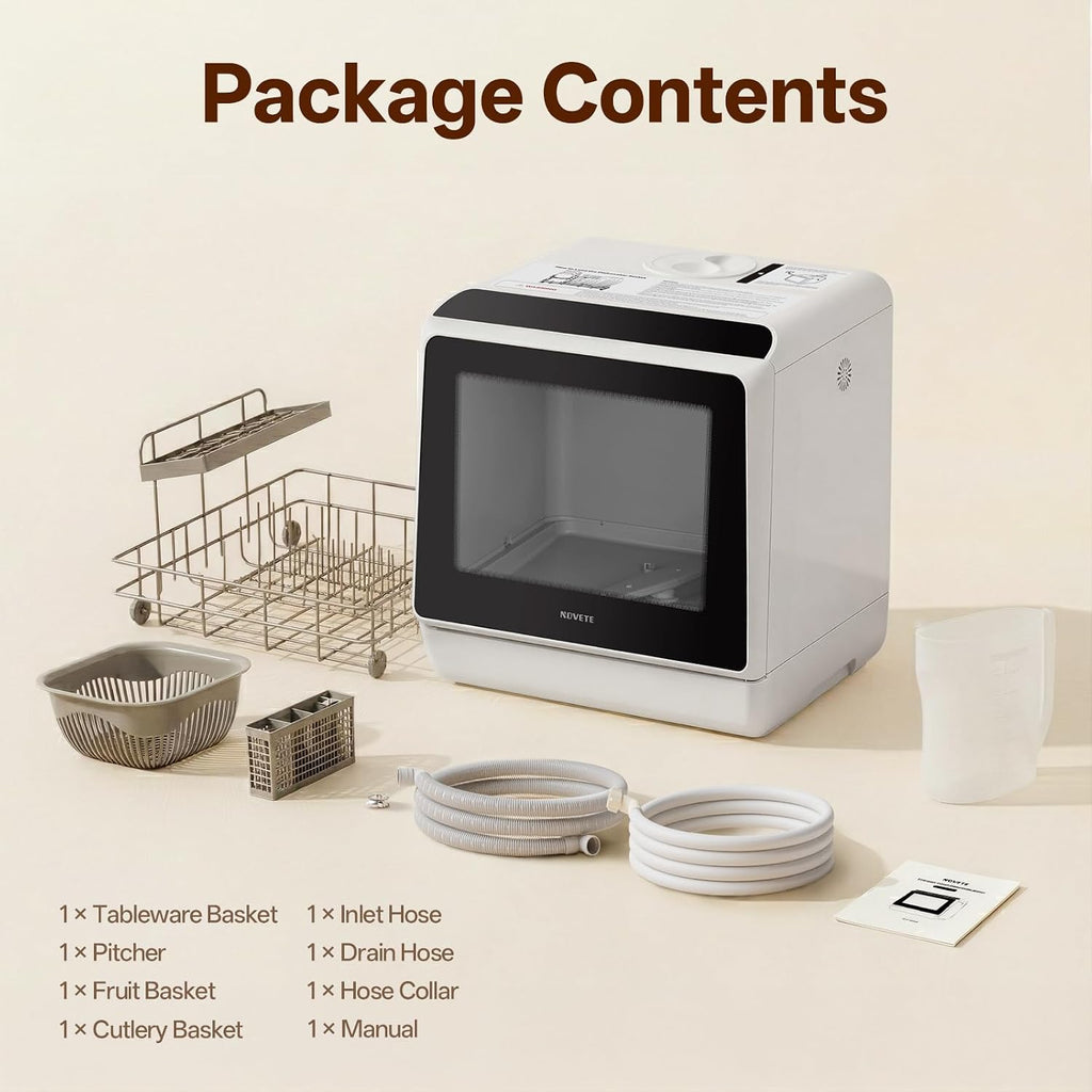 NOVETE Portable Countertop Dishwashers, Compact Dishwashers with 5L Built-in Water Tank & Inlet Hose, 5 Washing Programs, Baby Care, Air-Dry Function and LED Light for Small Apartments