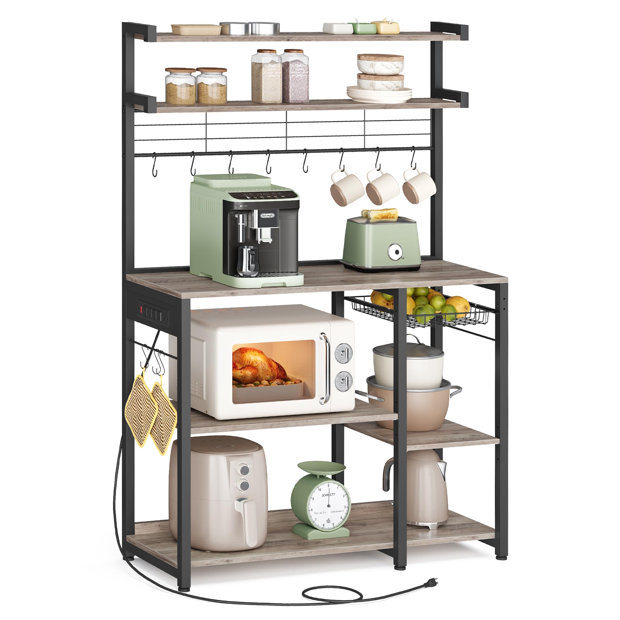 VASAGLE Kitchen Bakers Rack with Power Outlet, Coffee Bar with 35.4-Inch High Worktop, Microwave Stand with 8 Hooks, 15.7 x 31.5 x 66.9 Inches, Golden Oak and Cloud White UKKS059Y01