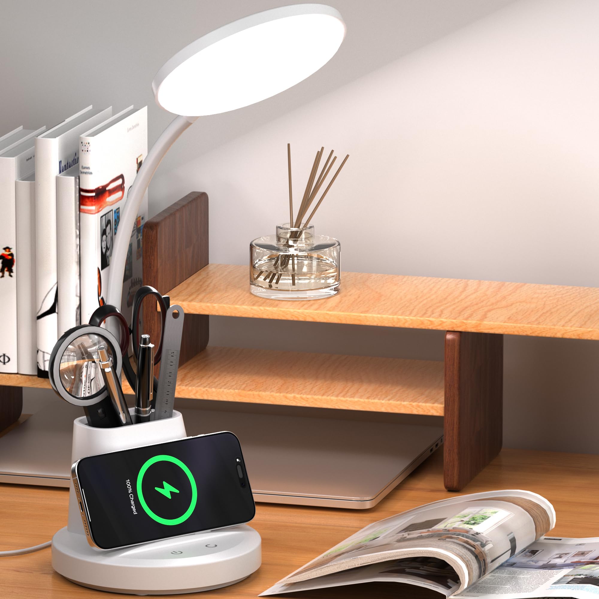 LED Desk Lamp with Wireless Charger for Home Office, Black | 3 Color Modes Dimmable Eye-Caring Study Desk Light for College Dorm Room, 360° Flexible Arm, Built-in Pen Holder, 800 Lumen
