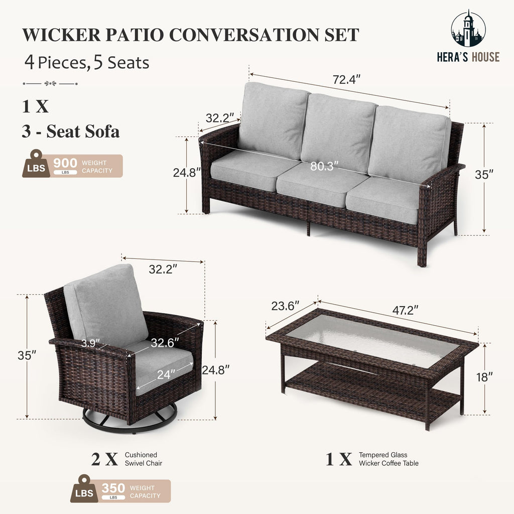 HERA'S HOUSE Patio Furniture Set, High Back Swivel Outdoor Chair with 5.5" Thick Cushions, Oversized Deep Seating Wicker Conversation Set for Lawn Backyard Deck, Navy Blue