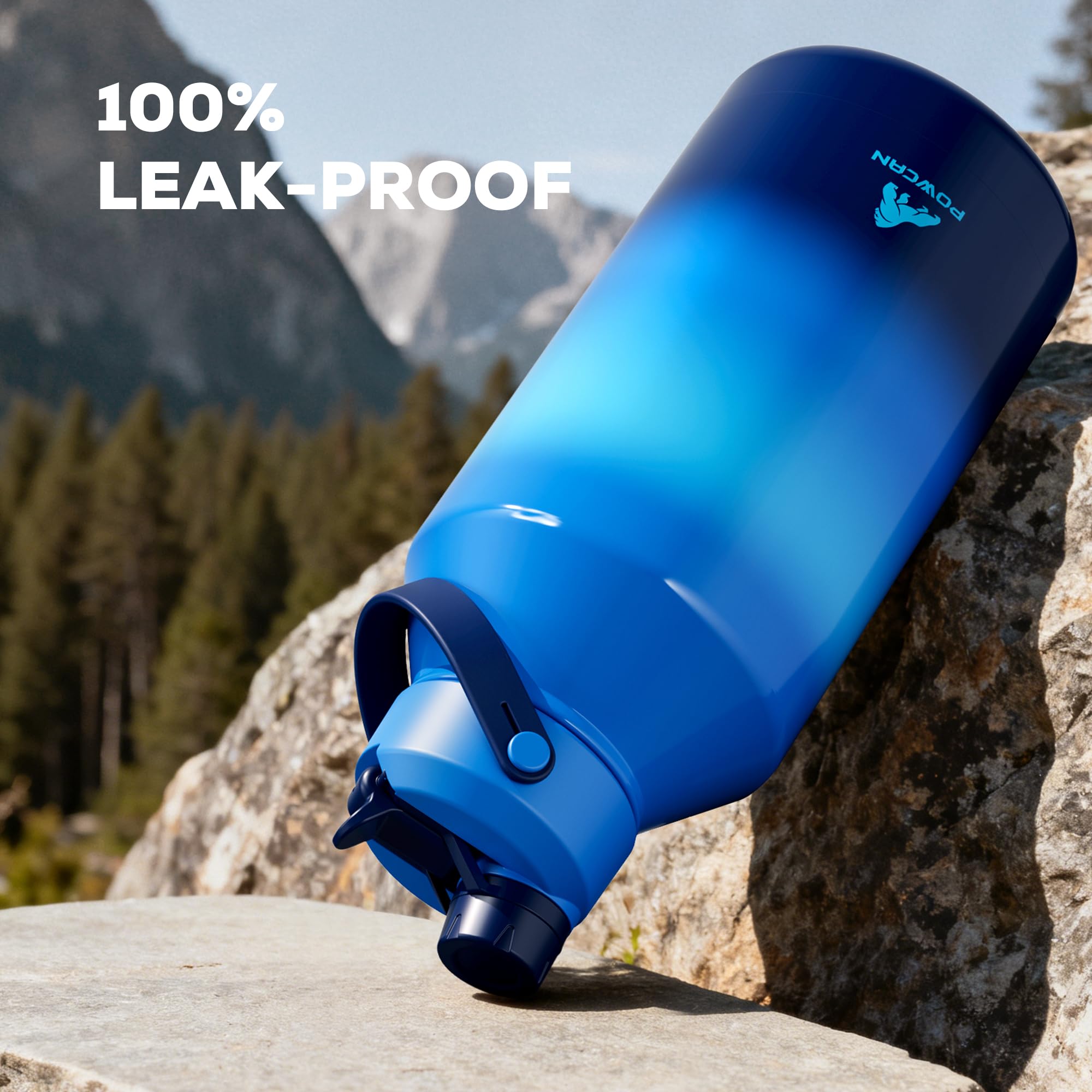 POWCAN 64 oz Insulated Water Bottle for Sports: 2-in-1 Straw & Spout Lid, Leakproof, Carrier Bag, Shoulder Strap, Keep Cold 48H, BPA-Free, Half Gallon Metal Water Jug for Gym, Travel, Gift (Midnight)