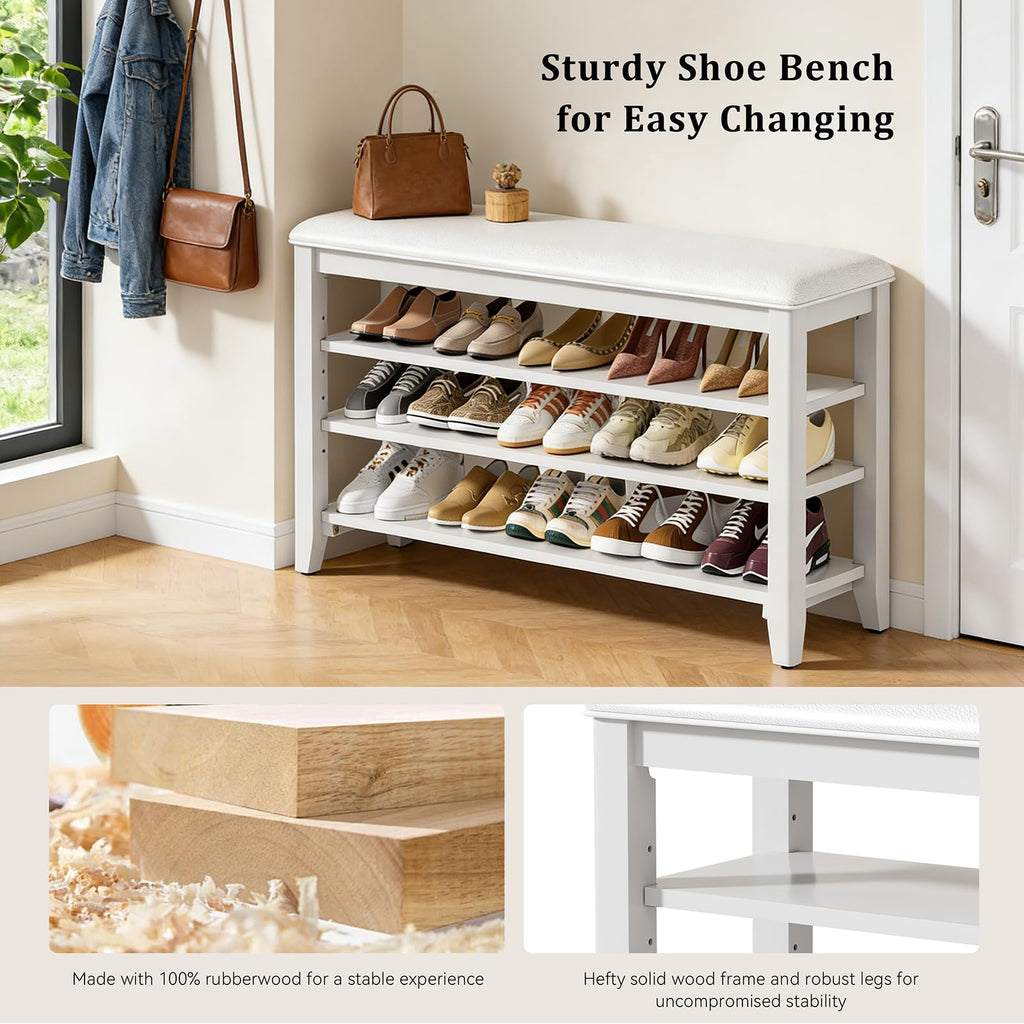 Taitiy Shoe Bench Storage Rubberwood with Leather Cushion for Entryway Bench Ideal for Hallways Shoe Rack Front Doors Entrances Mudrooms Featuring 3 Height-Adjustable and Removable Shelves