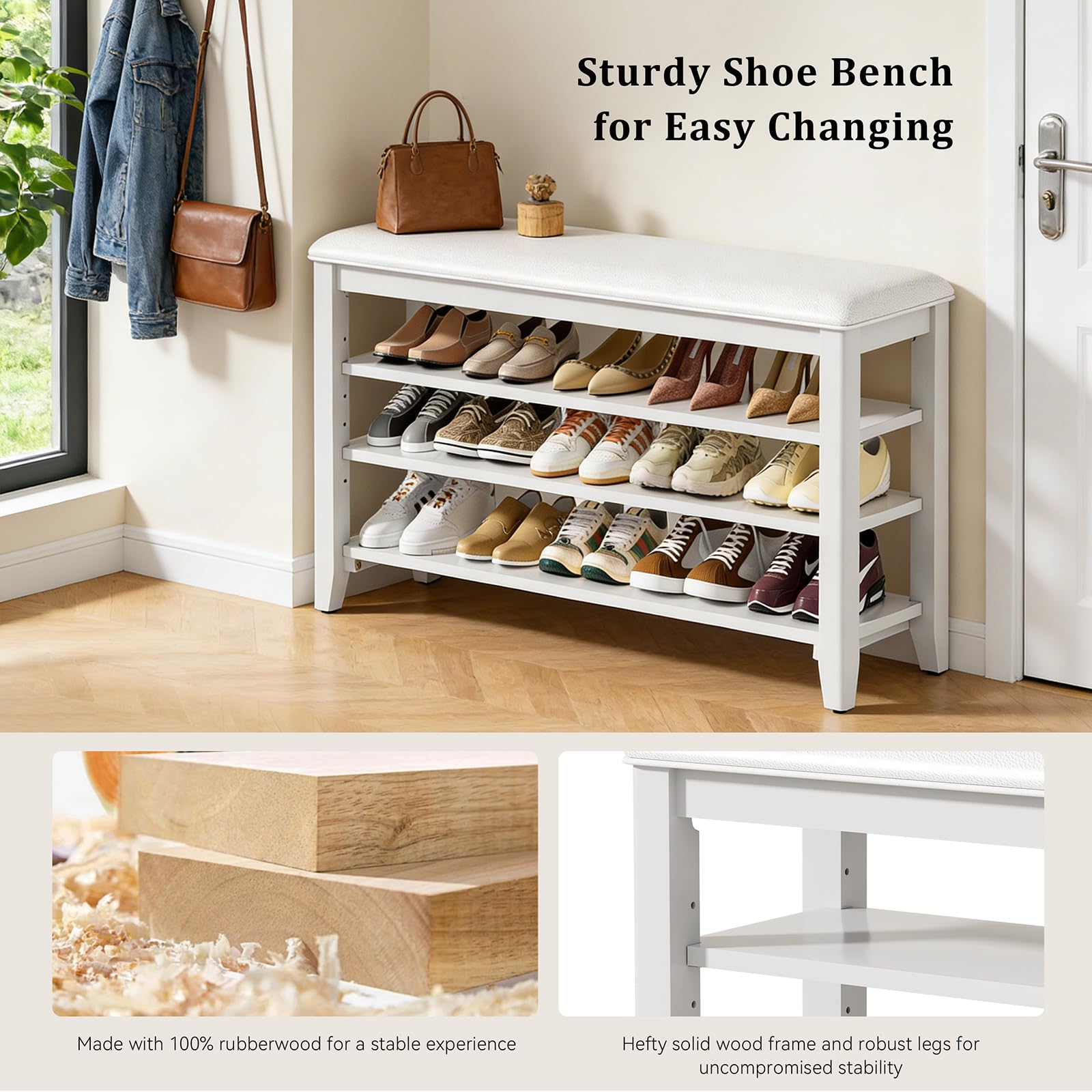 Taitiy Shoe Bench Storage Rubberwood with Leather Cushion for Entryway Bench Ideal for Hallways Shoe Rack Front Doors Entrances Mudrooms Featuring 3 Height-Adjustable and Removable Shelves