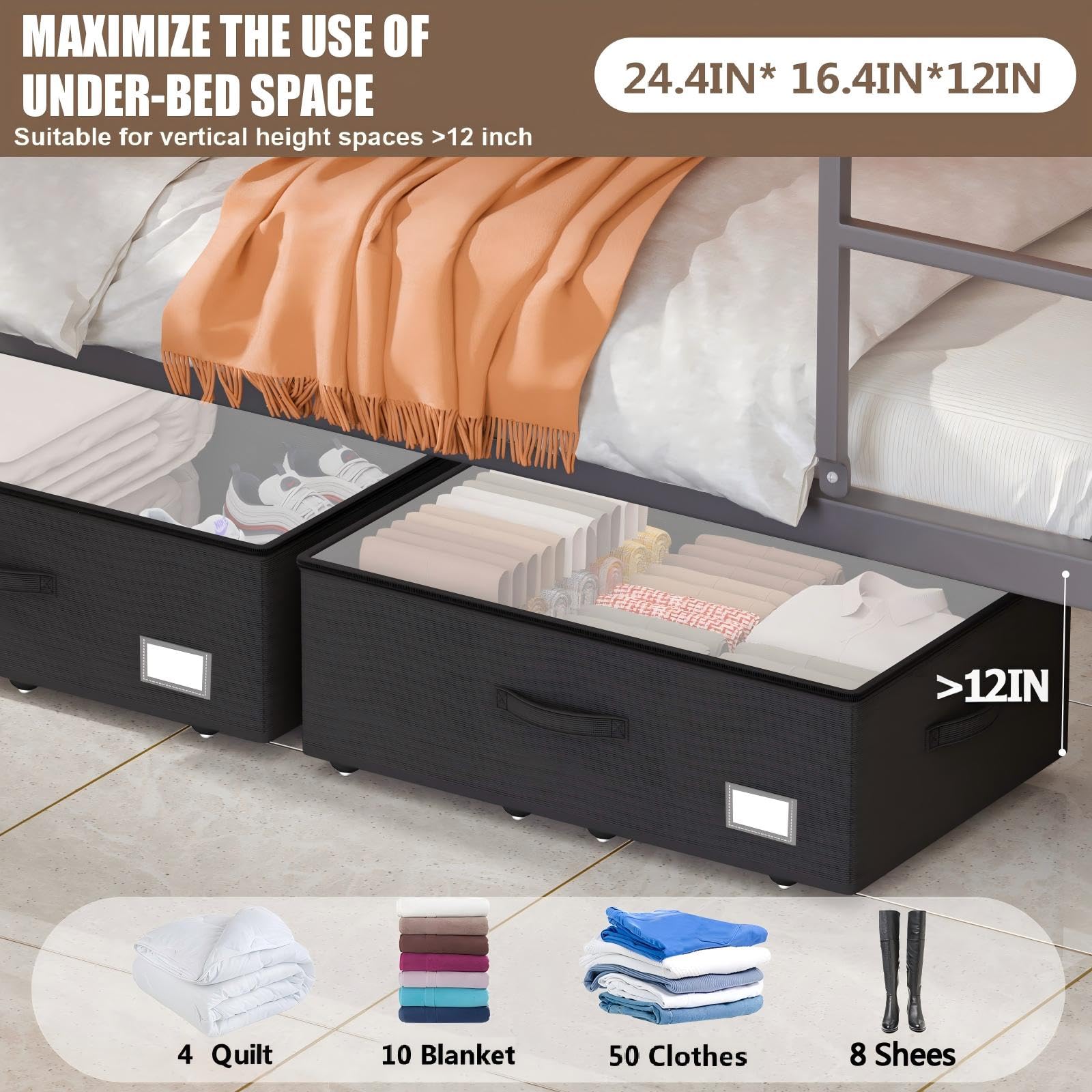 EE-RoomWorld Under Bed Storage with Wheels, No Assemble Required 10 inches height Under Bed Storage bins,Large capacity Rolling Underbed Shoe Storage containers，dorm underbed storage drawers