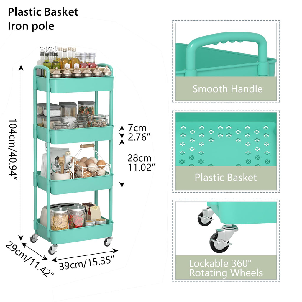 Sywhitta 3-Tier Plastic Rolling Utility Cart with Handle, Multi-Functional Storage Trolley for Office, Living Room, Kitchen, Movable Storage Organizer with Wheels, Black