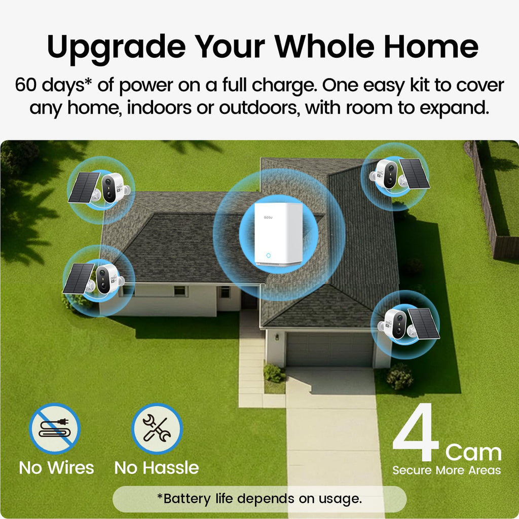 aosu Solar Security Cameras Wireless Outdoor, 2K HD Home Security Camera System, PIR + AI Human Detection, Color Night Vision, Easy to Set Up, Local Storage, No Subscription Required, 4-Cam Kit