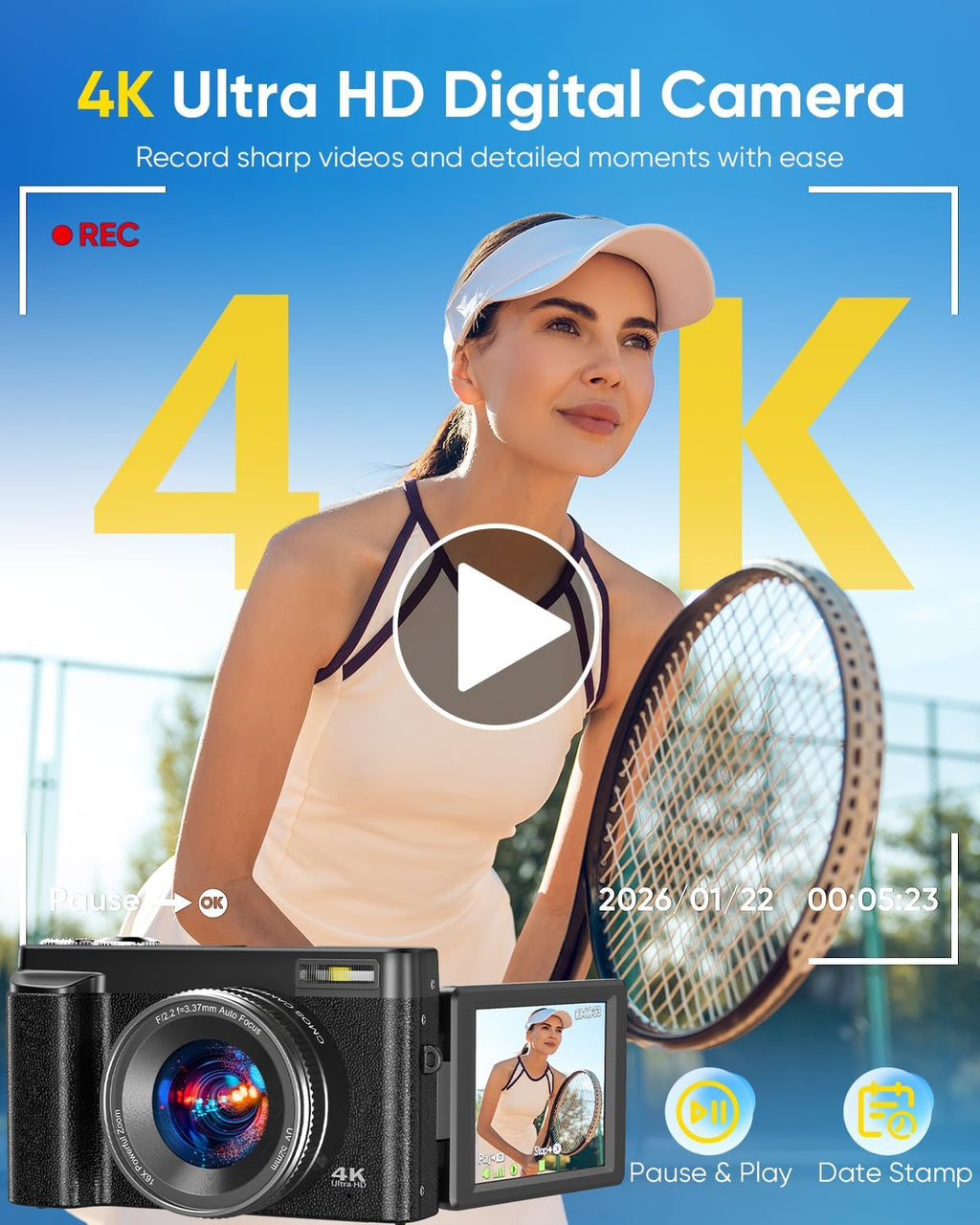 4K Digital Camera 64MP WiFi 180° Flip Screen Autofocus Compact, Black | 16X Zoom Anti-Shake Travel Vlogging YouTube Photography Webcam Filters Scene Modes 32GB Card Dual Rechargeable Batteries