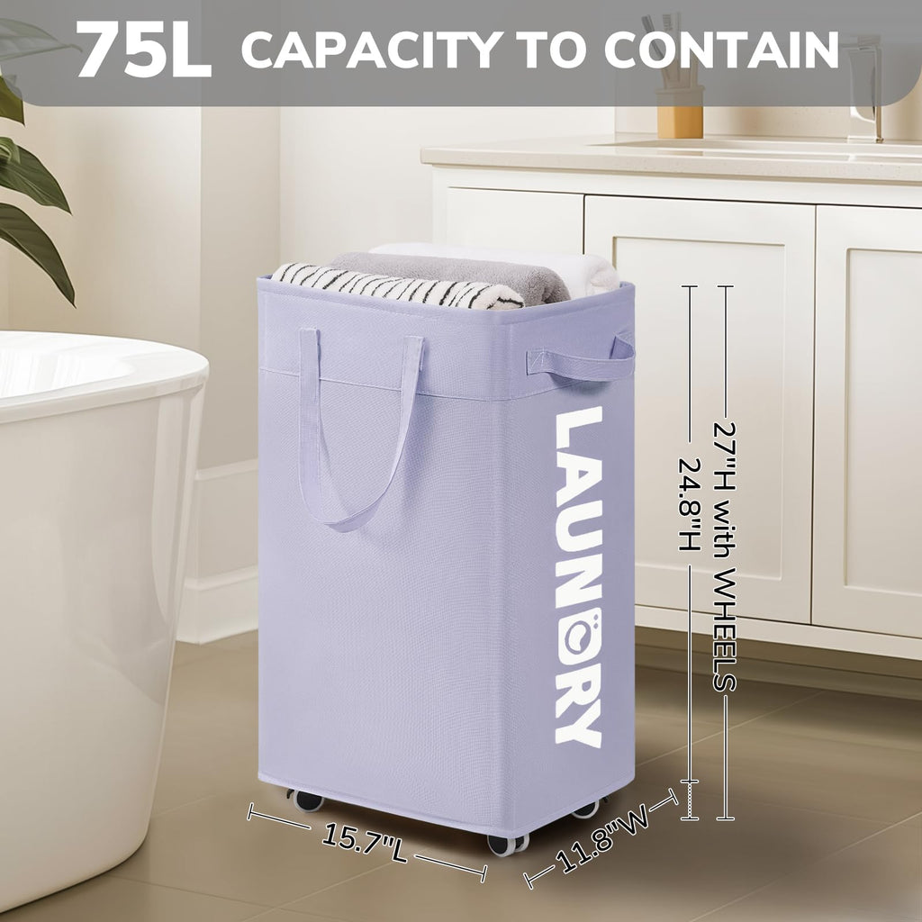 Goodpick Pink Laundry Basket with Wheels, Dorm Room Essentials for Girls, 75L Collapsible Laundry Basket, Laundry Hamper with Handle for College Dorm