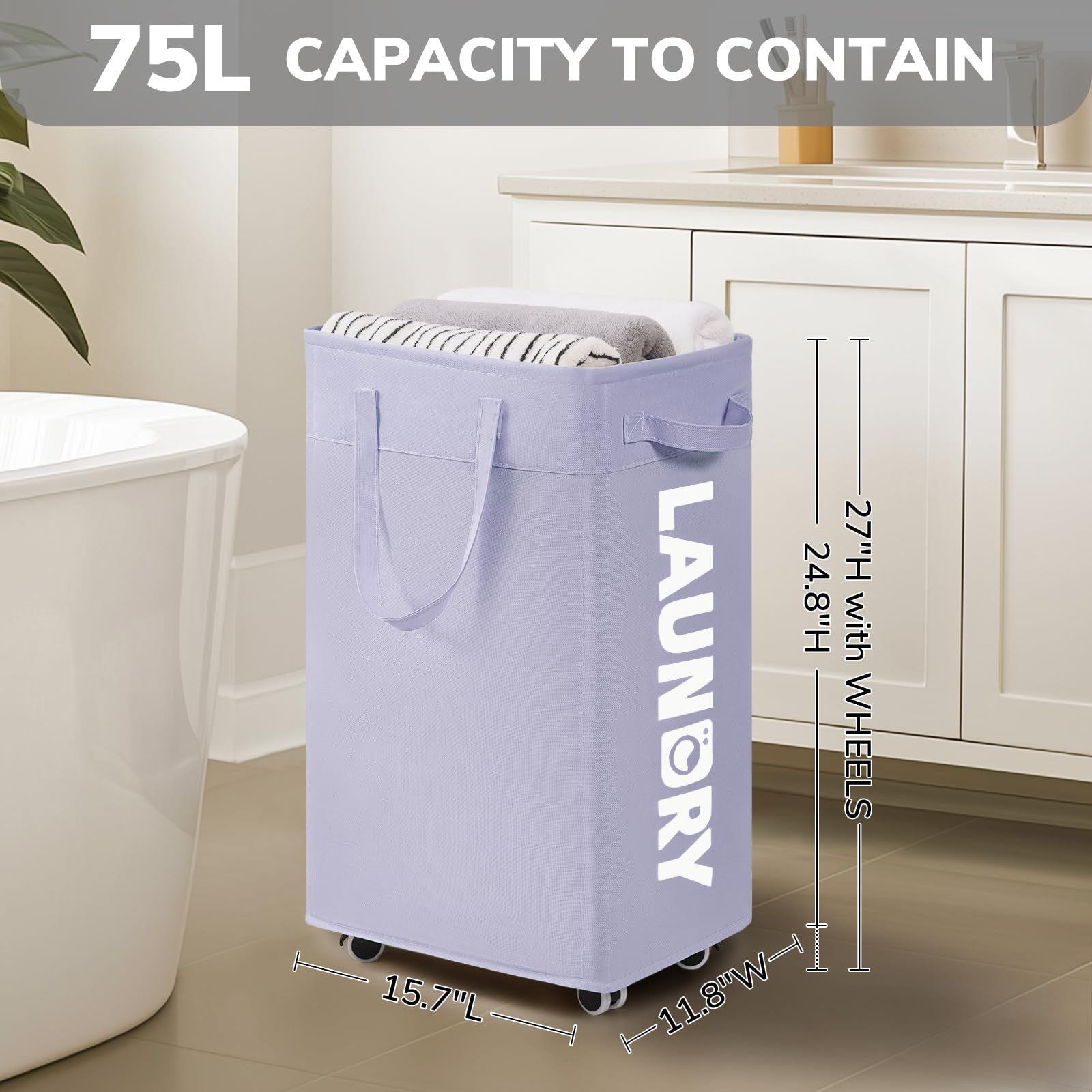 Goodpick Pink Laundry Basket with Wheels, Dorm Room Essentials for Girls, 75L Collapsible Laundry Basket, Laundry Hamper with Handle for College Dorm